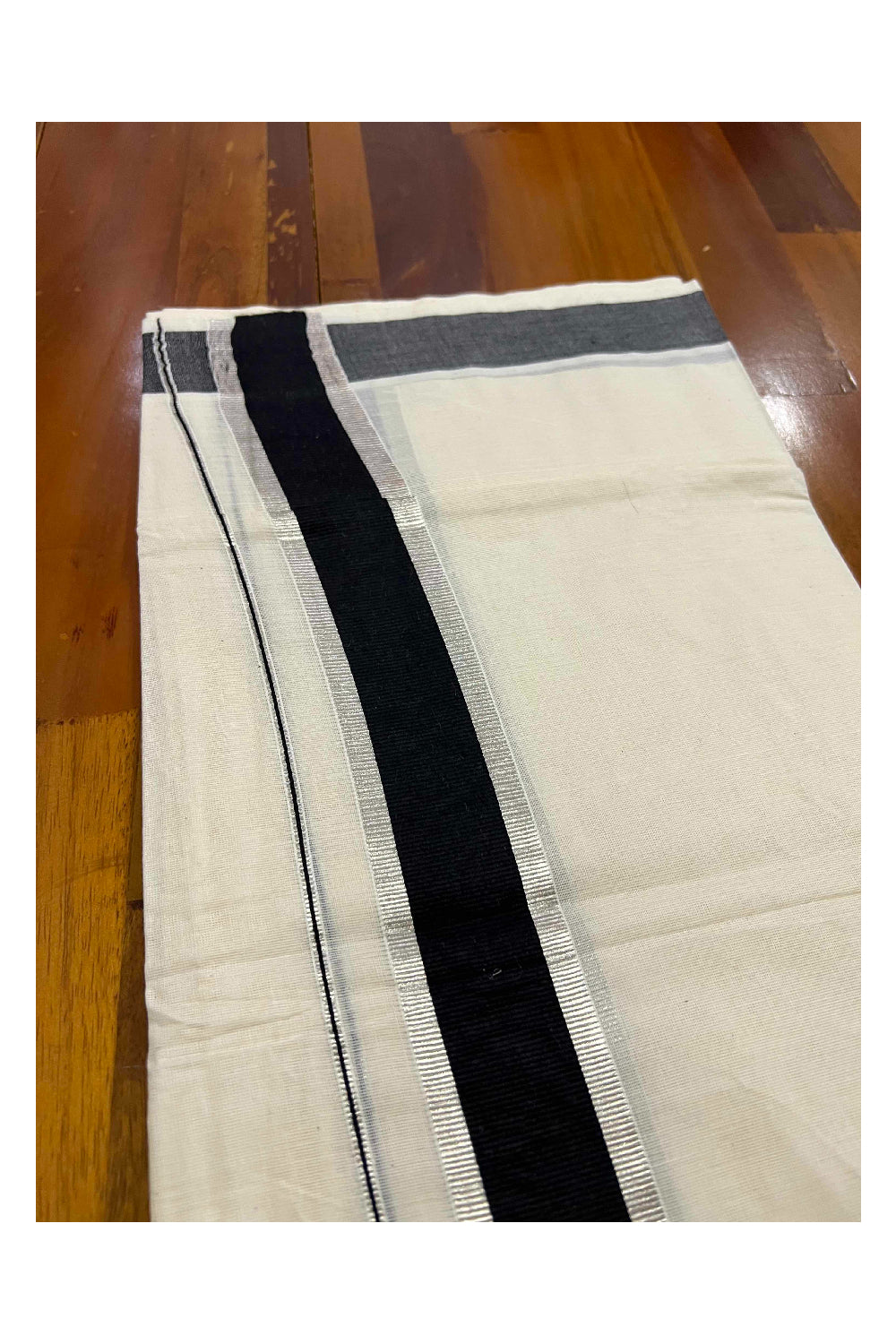 Off White Kerala Double Mundu with Silver Kasavu and Black Border (South Indian Dhoti)