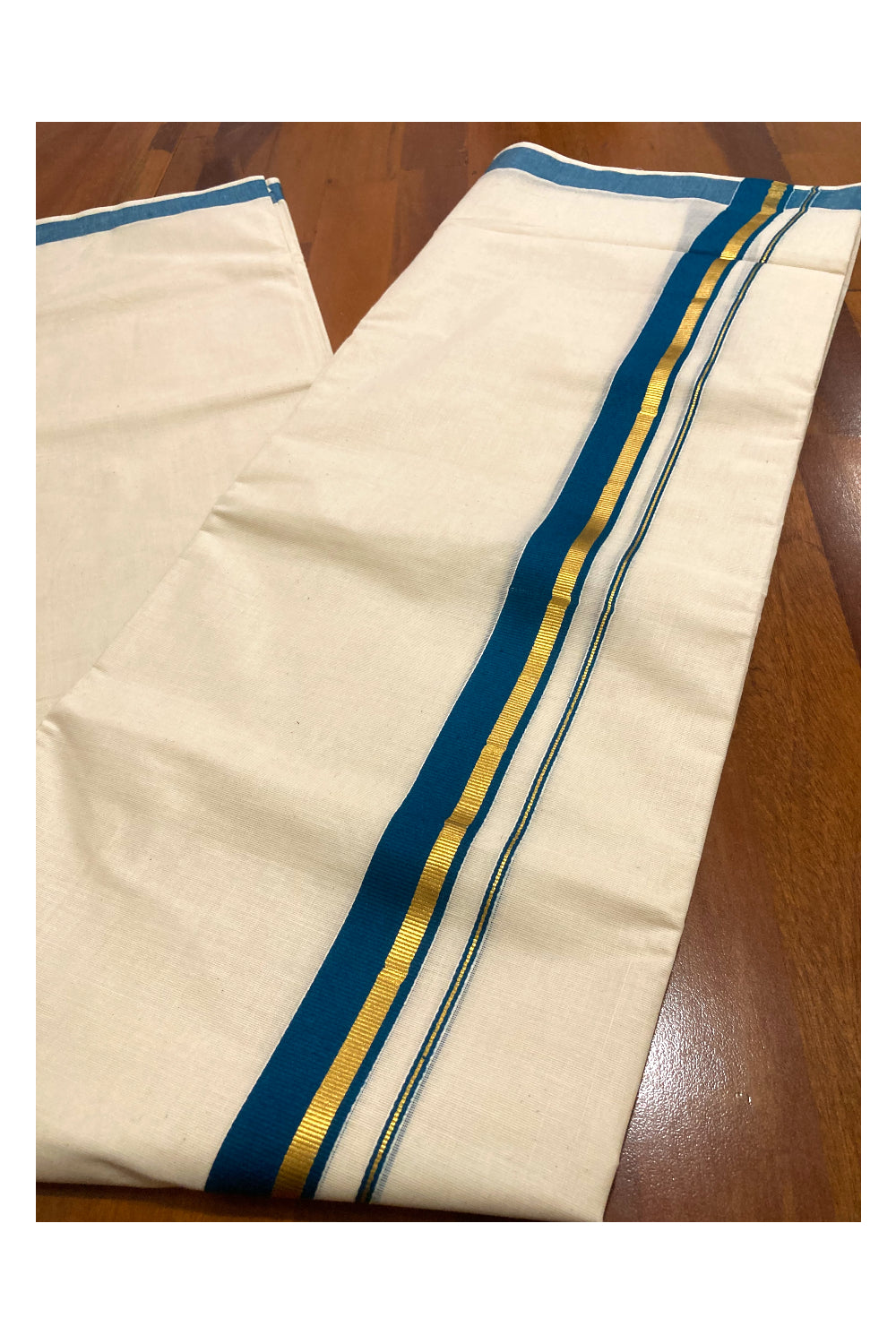 Pure Cotton Double Mundu with Teal Blue and Kasavu Border (South Indian Dhoti)