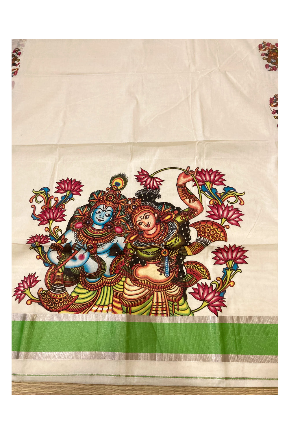 Pure Cotton Kerala Saree with Krishna Radha Mural Prints and Silver Green Border