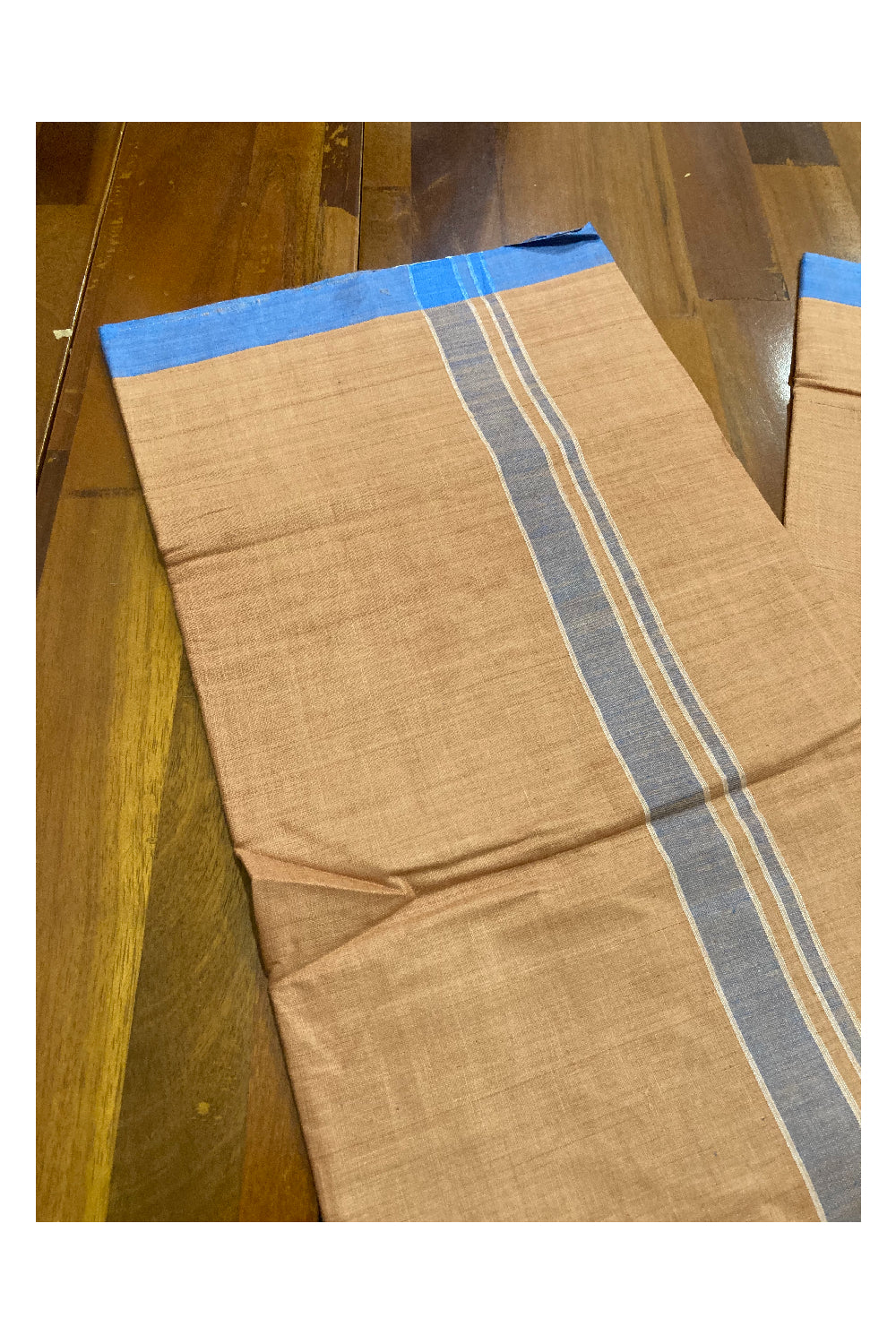 Southloom Premium Handloom Dark Saffron Solid Single Mundu (Lungi) with Blue Border