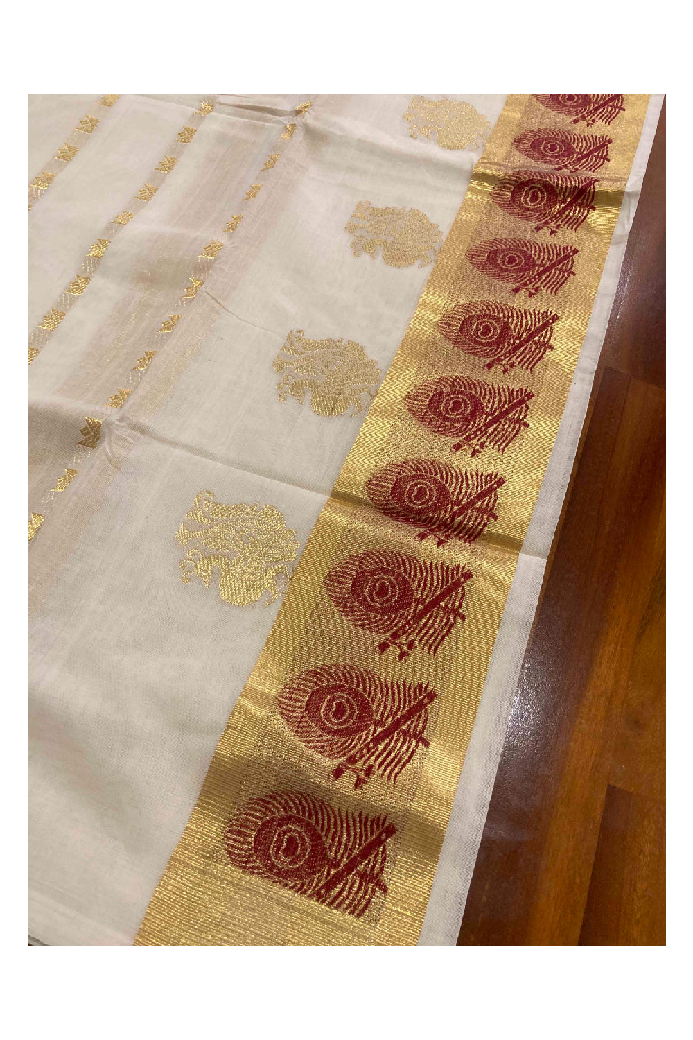 Southloom™ Handloom Kasavu Churidar Salwar Material with Peacock Stripes Woven Work (include Plain Shawl / Dupatta)