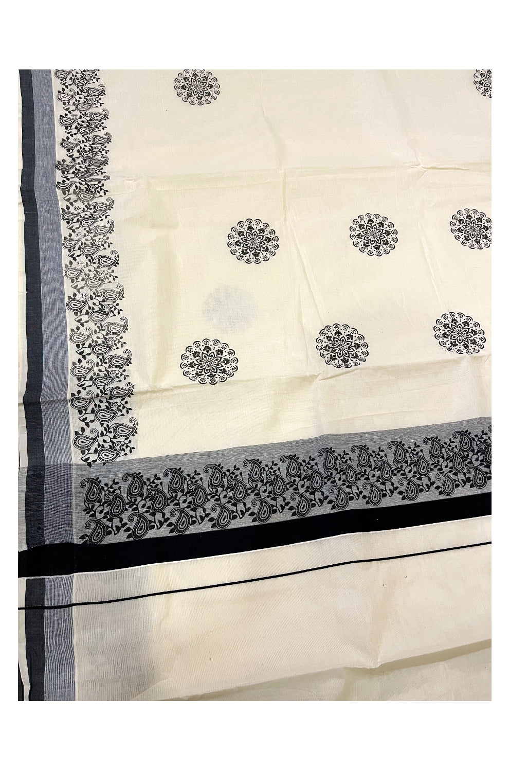 Pure Cotton Off White Kerala Saree with Black Paisley Block Prints on Border