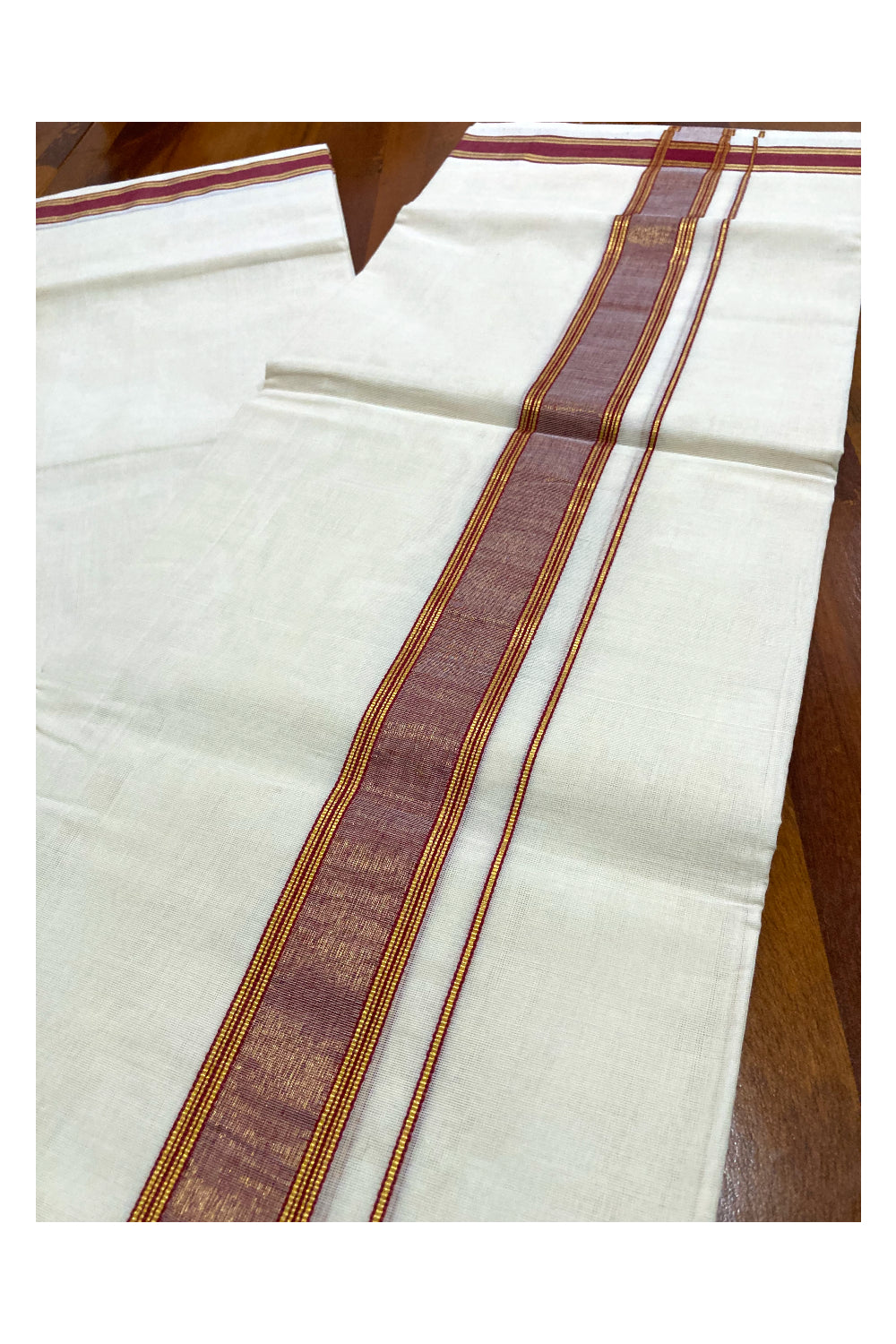 Southloom Premium Handloom Pure Cotton Mundu with Red and Kasavu Border (South Indian Dhoti)