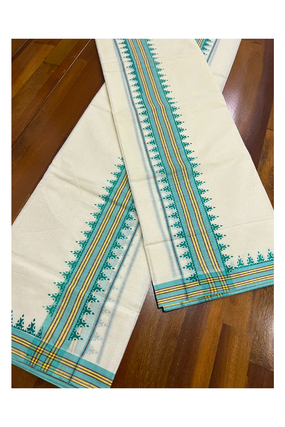 Kerala Cotton Mulloth Mundum Neriyathum Single (Set Mundu) with Turquoise Temple Block Prints on Yellow and Turquoise Border (Extra Soft Cotton)