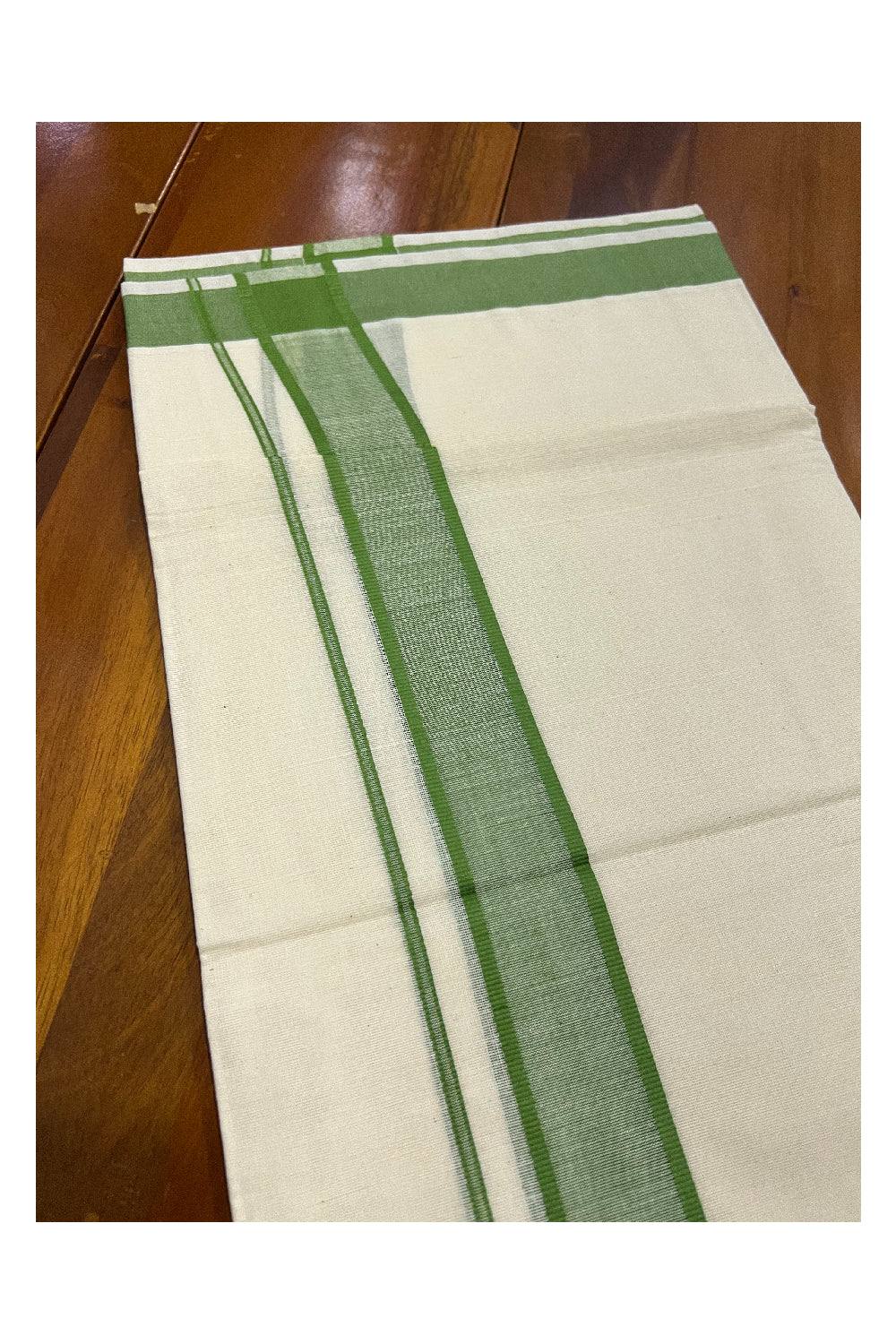 Off White Pure Cotton Double Mundu with Green Border (South Indian Kerala Dhoti)