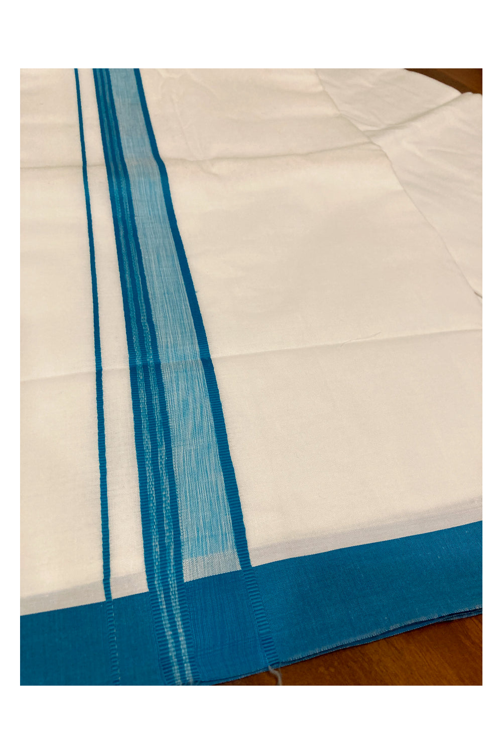 Pure White Cotton Double Mundu with Light Blue Border (South Indian Dhoti)