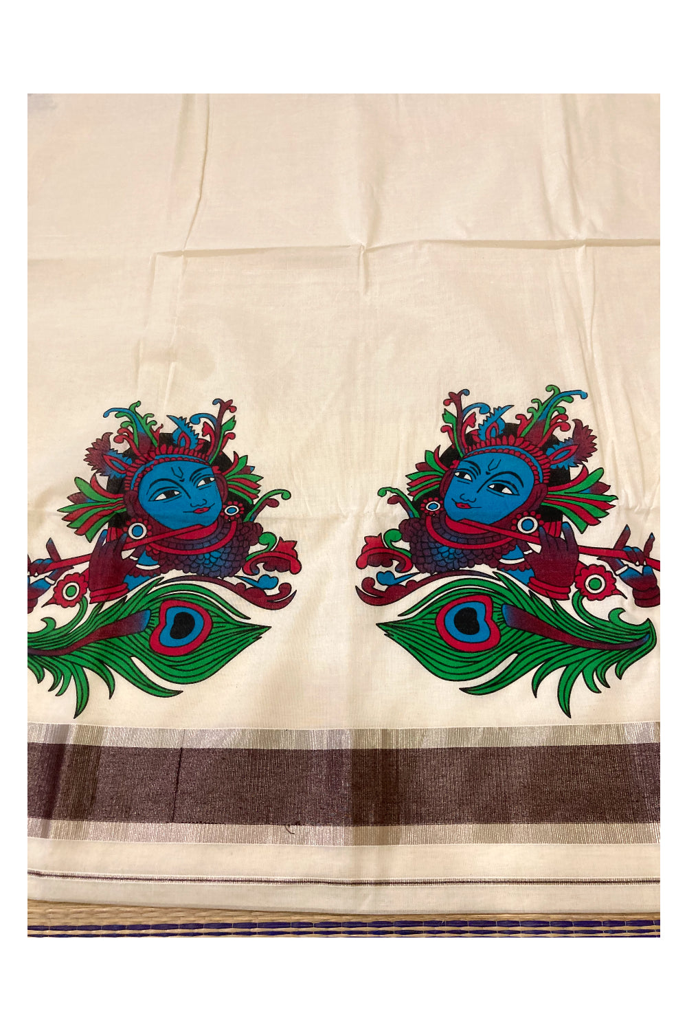 Pure Cotton Kerala Saree with Krishna Face Mural Prints and Silver Brown Border