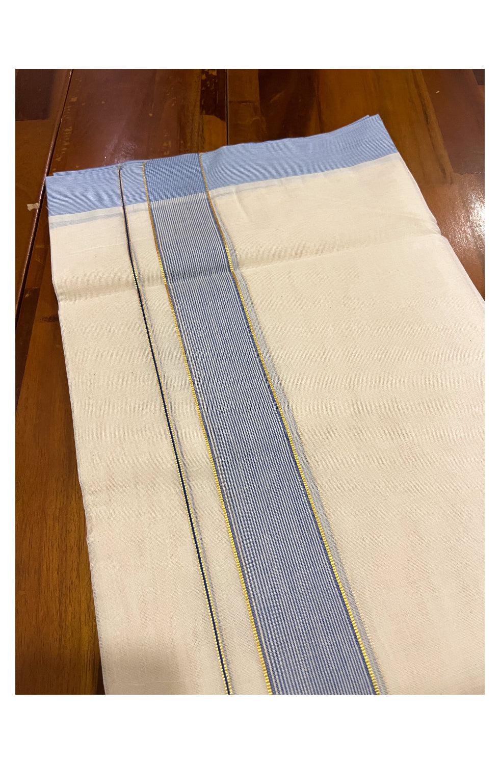 Pure Cotton Off White 100x100 Double Mundu with Kasavu and Blue Line Border (South Indian Dhoti)