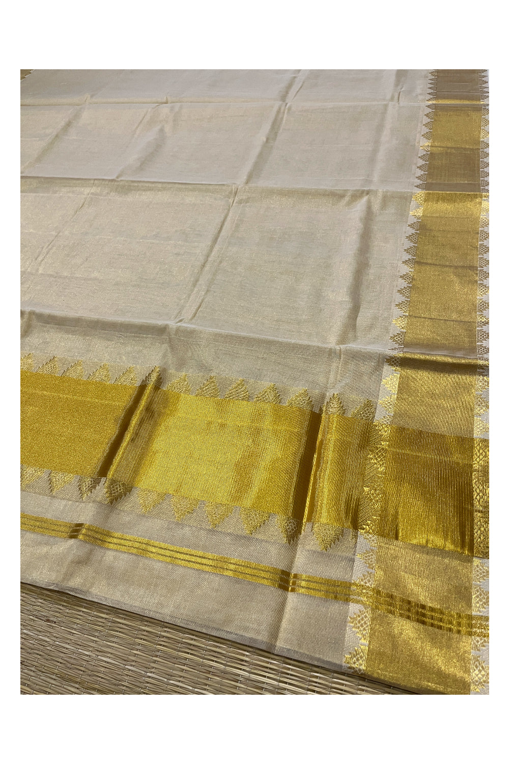 Southloom Premium Handloom Tissue Kasavu Saree with Temple Woven Works on Border