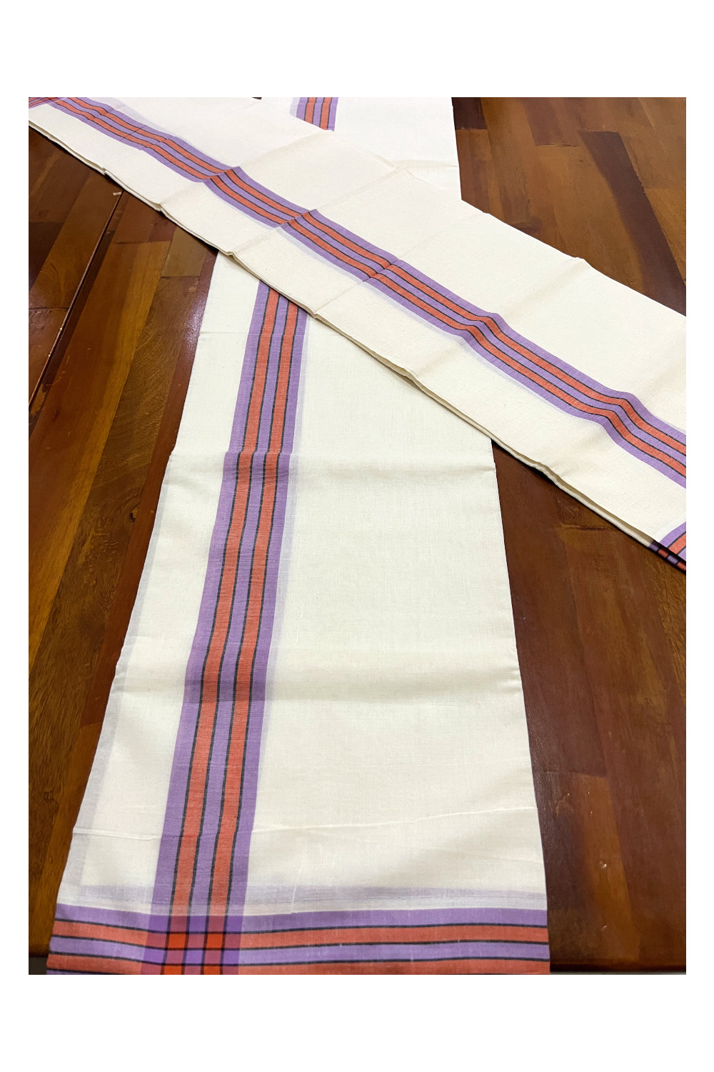 Kerala Cotton Mundum Neriyathum Single (Set Mundu) with Violet and Orange Mulloth Border (Extra Soft Cotton)