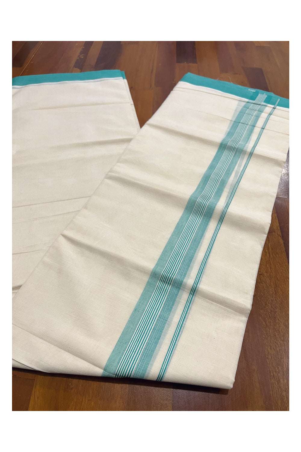 Pure Cotton Off White Double Mundu with Green Kara (South Indian Dhoti)