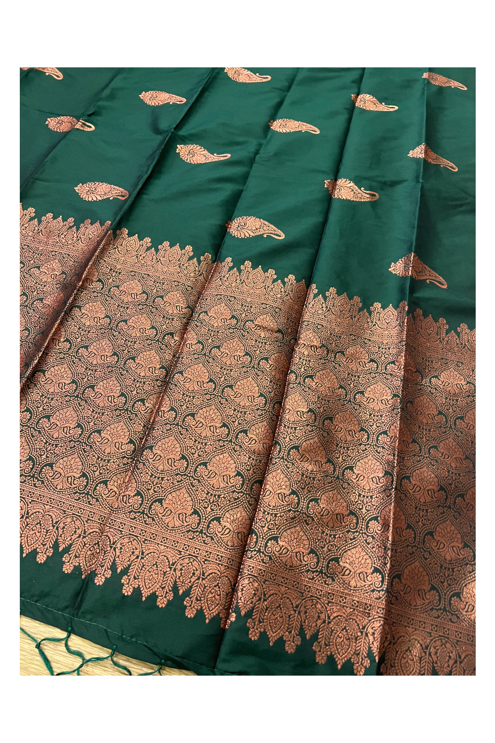 Southloom Dark Green Semi Silk Designer Saree with Copper Kasavu Woven Works on Body