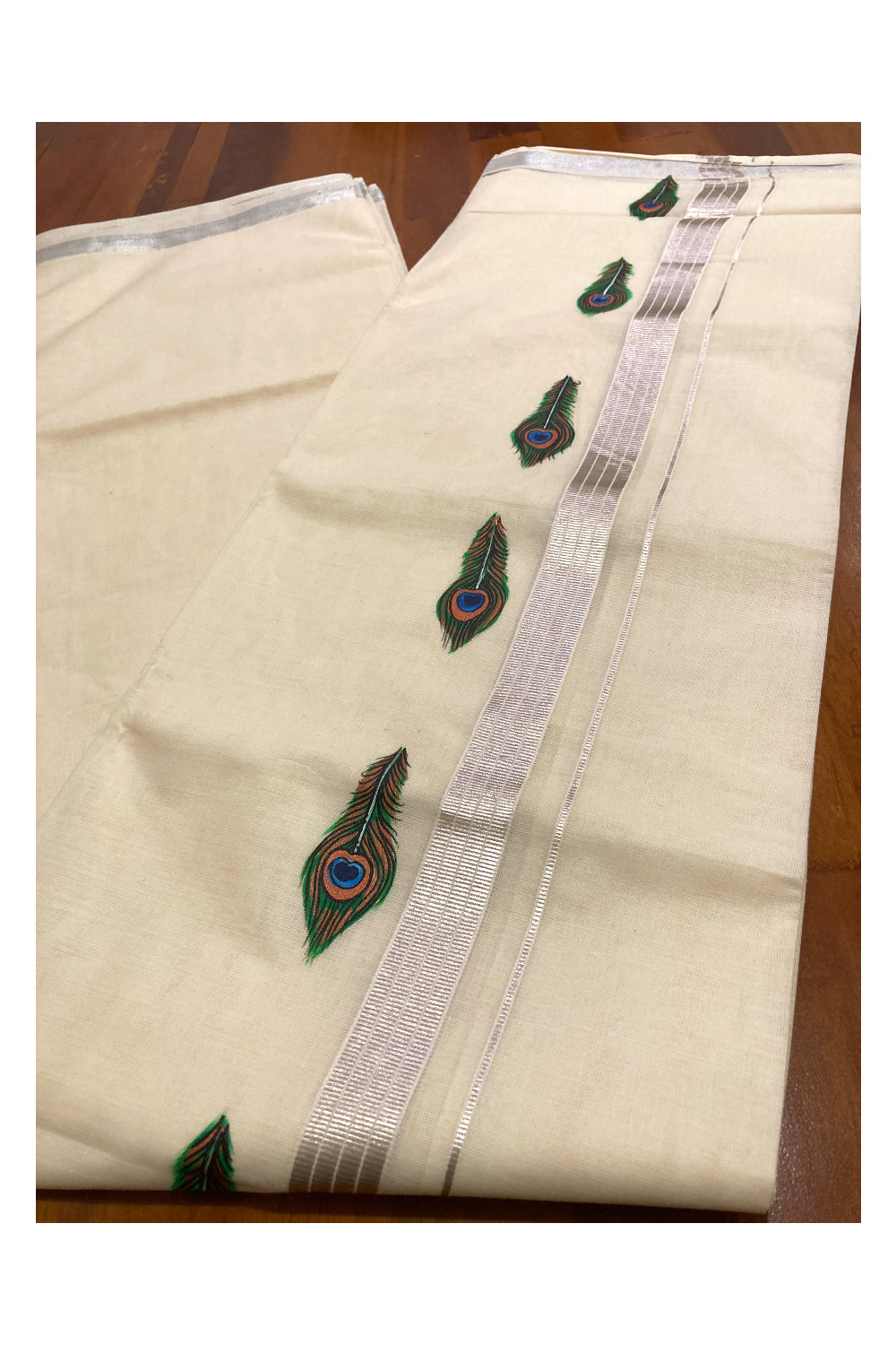 Off White Pure Cotton Double Mundu with Mural Prints on Silver Kasavu Kara (South Indian Dhoti)