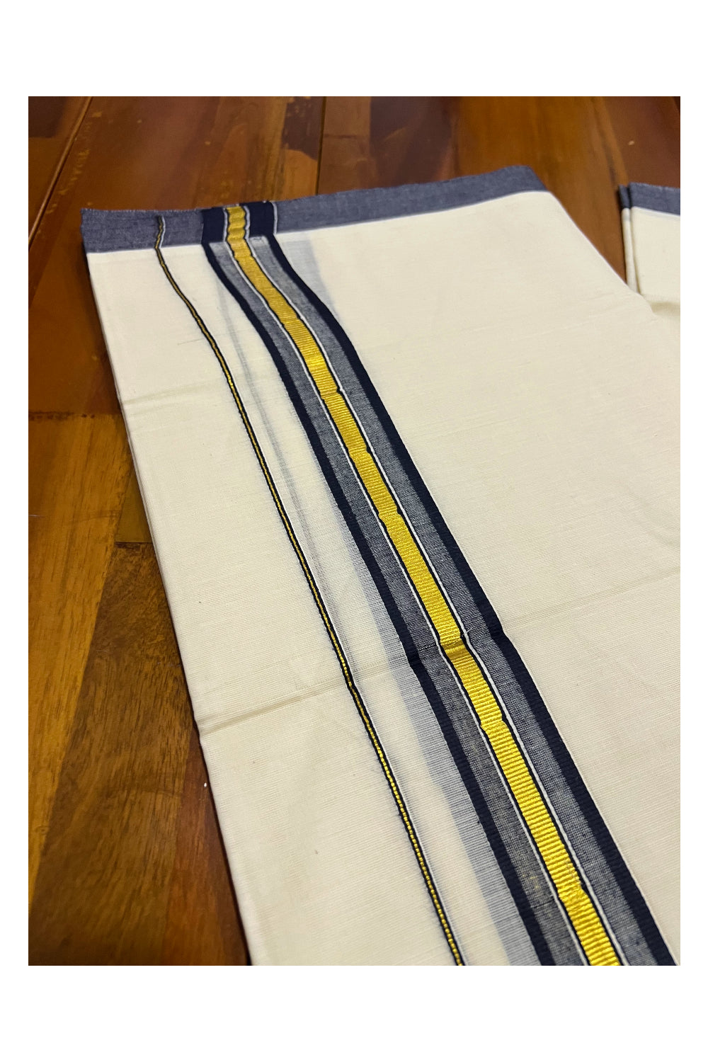 Off White Kerala Double Mundu with Kasavu and Navy Blue Border (South Indian Dhoti)