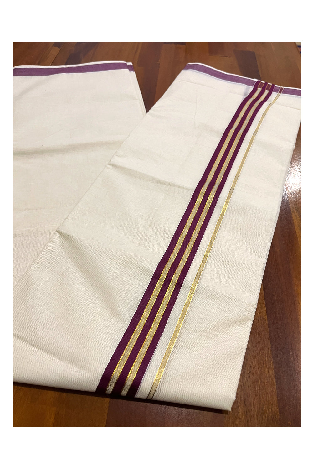 Pure Cotton Off White Double Mundu with Maroon and Kasavu Kara (South Indian Kerala Dhoti)