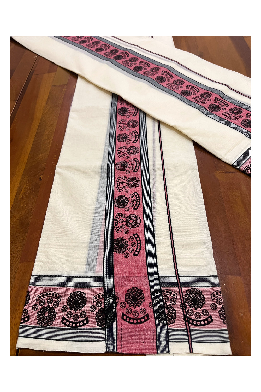 Pure Cotton Single Set Mundu (Mundum Neriyathum Vishu 2023) with Black Block Prints on Red Border