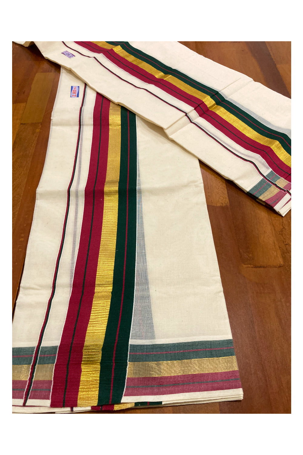 Kerala Cotton Mundum Neriyathum Single (Set Mundu) with Red Green and Kasavu Border 2.80 Mtrs