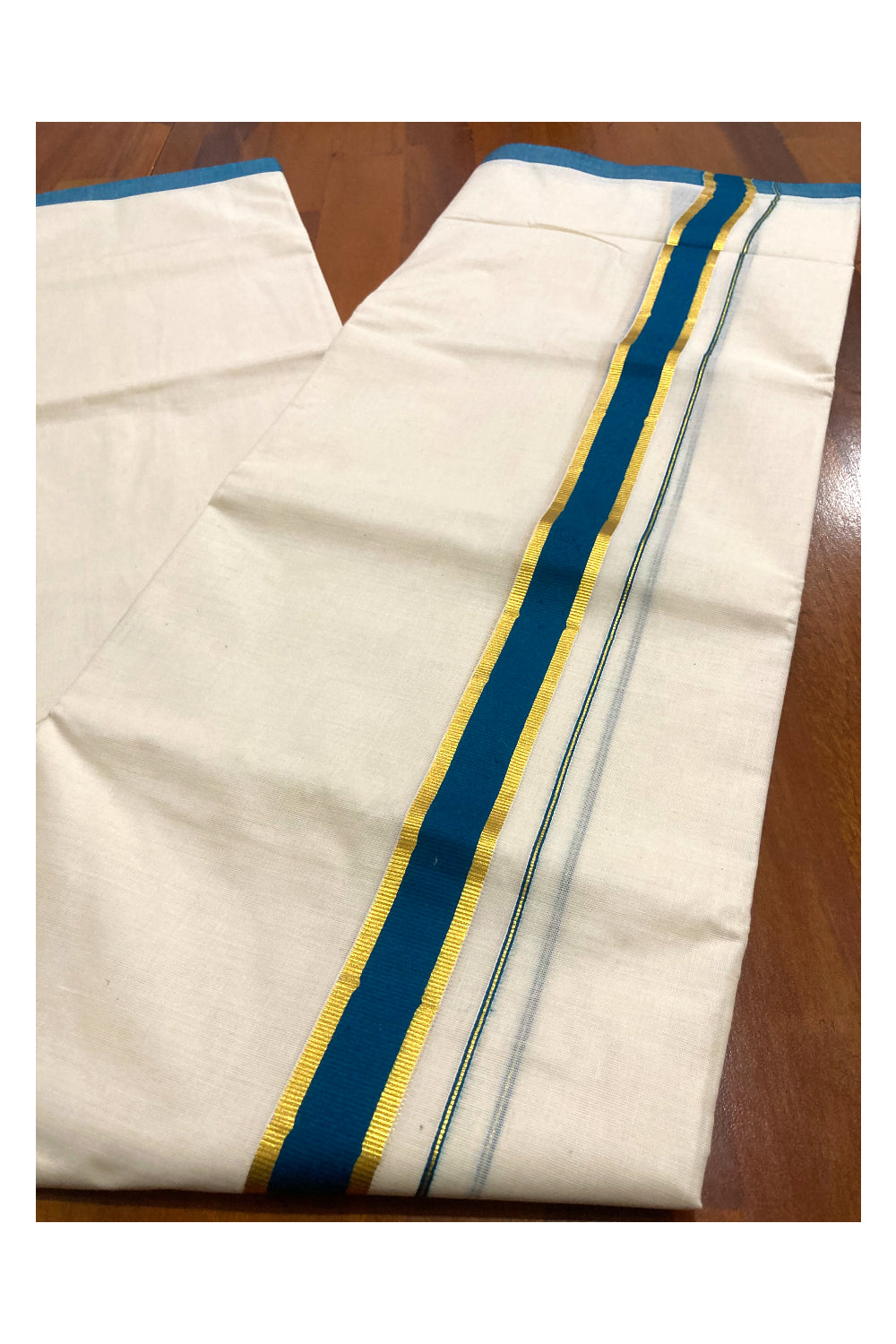 Off White Pure Cotton Double Mundu with Kasavu and Teal Blue Border (South Indian Dhoti)