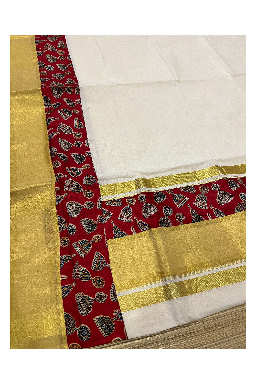 Kerala Pure Cotton Fusion Art Red Jimikki Kammal Printed Kasavu Saree with Printed Blouse Piece