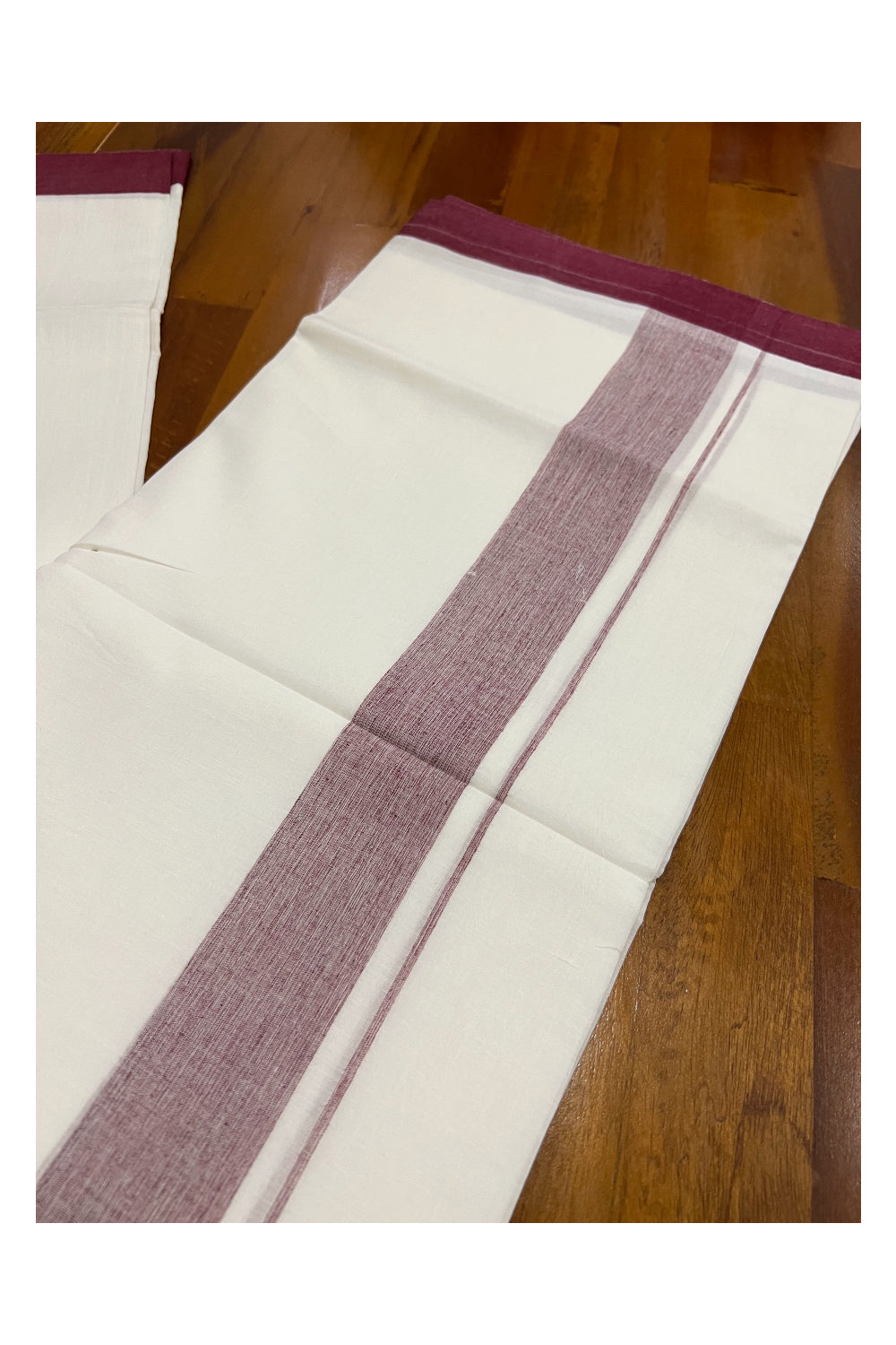 Pure White Cotton Double Mundu with Maroon Border (South Indian Dhoti)