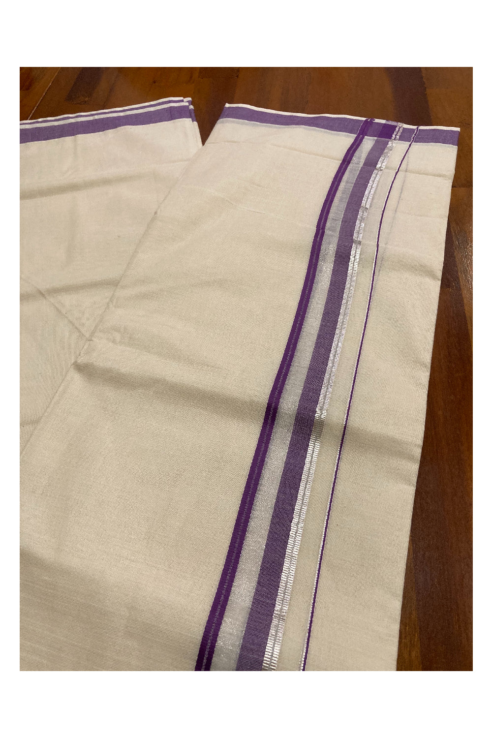 Pure Cotton Double Mundu with Violet and Silver Kasavu Border (South Indian Kerala Dhoti)