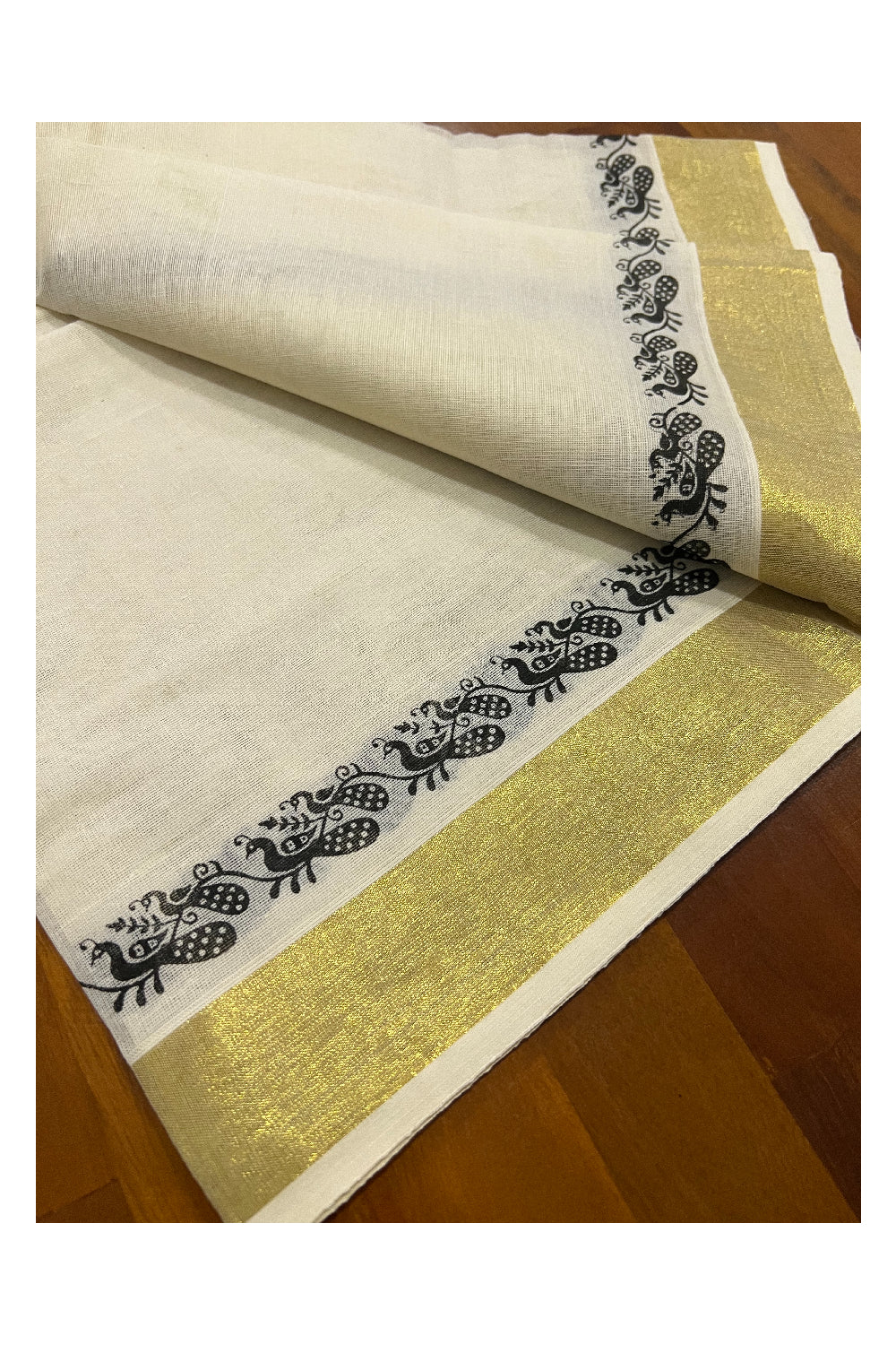 Pure Cotton Kasavu Set Mundu (Mundum Neriyathum) with Black Peacock Block Prints on Border
