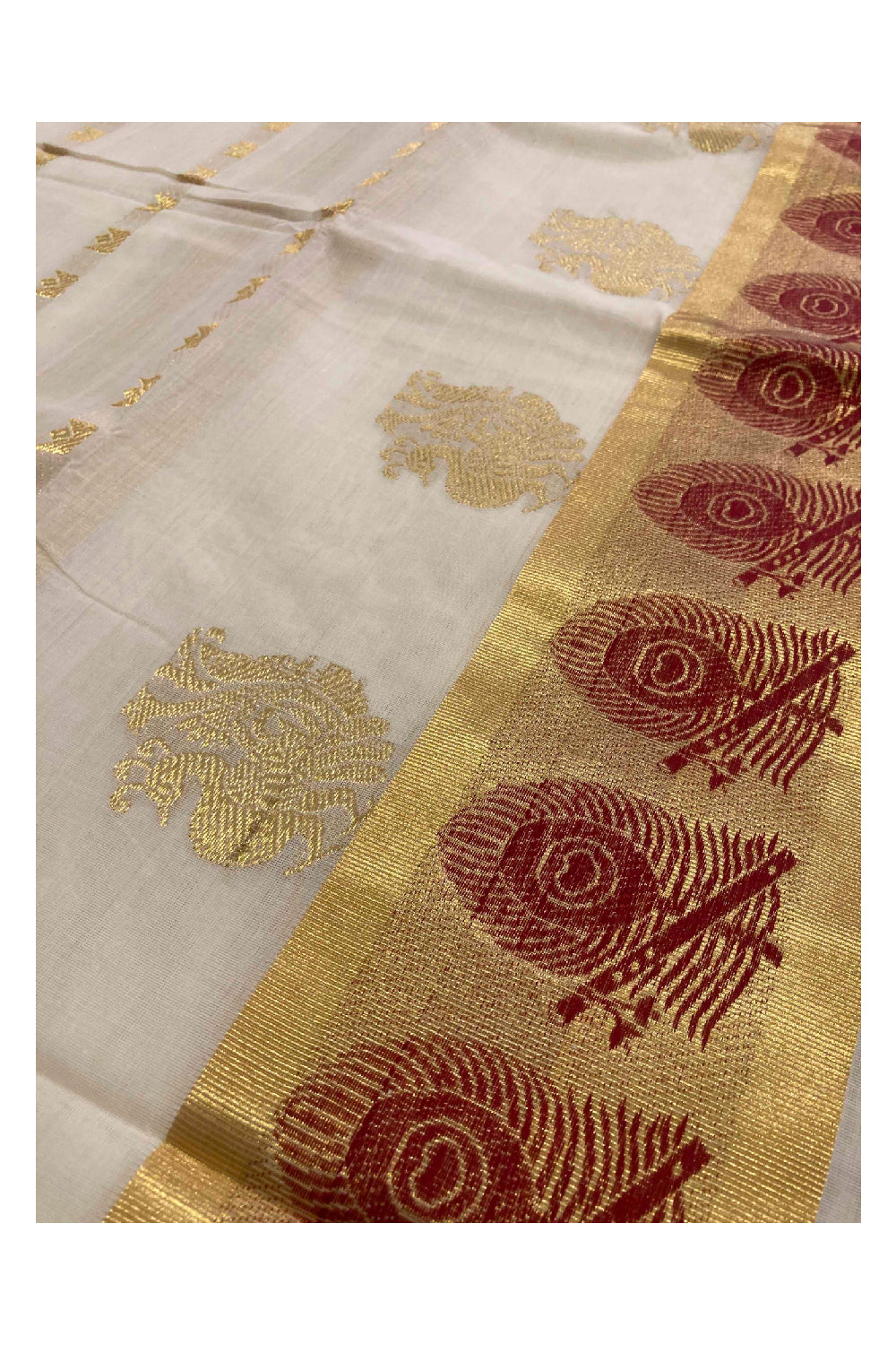 Southloom™ Handloom Kasavu Churidar Salwar Material with Peacock Stripes Woven Work (include Plain Shawl / Dupatta)