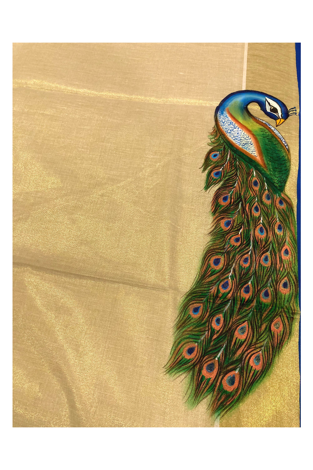 Kerala Tissue Kasavu Saree with Hand Painted Feather Design and Blue on Border