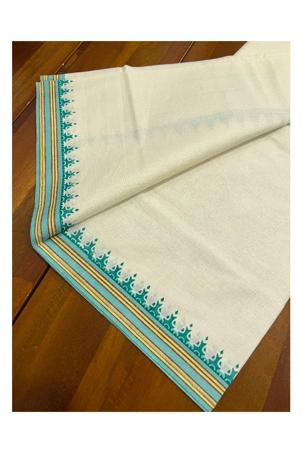 Kerala Cotton Mulloth Mundum Neriyathum Single (Set Mundu) with Turquoise Temple Block Prints on Yellow and Turquoise Border (Extra Soft Cotton)