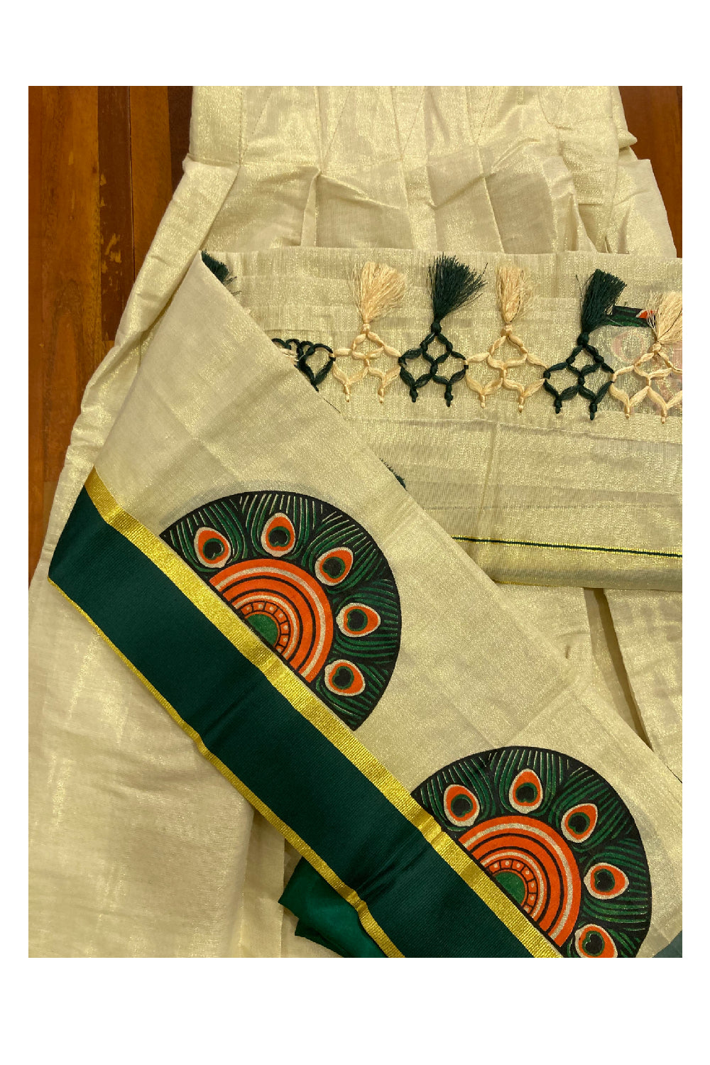 Kerala Tissue Stitched Dhavani Set with Blouse Piece and Neriyathu in with Green Accents
