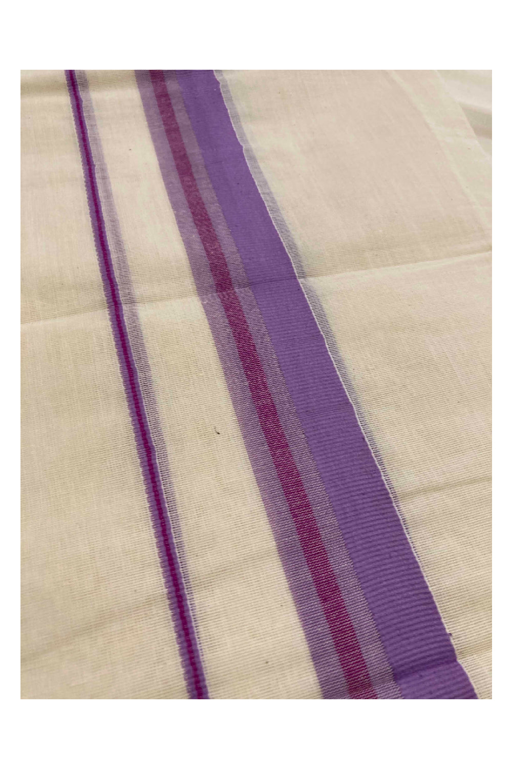 Kerala Cotton Mundum Neriyathum Single (Set Mundu) with Violet Border