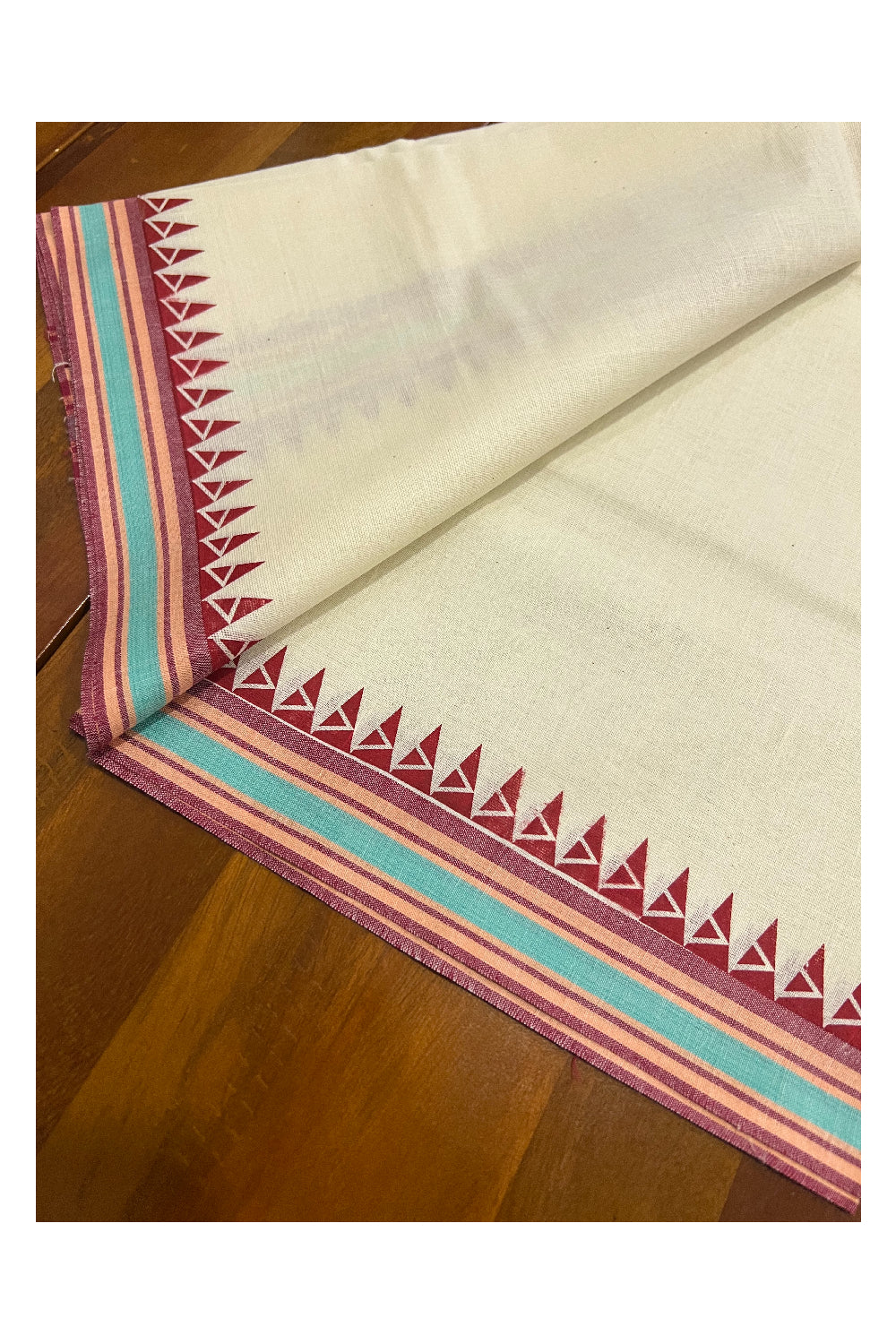 Kerala Cotton Mulloth Mundum Neriyathum Single (Set Mundu) with Dark Red Temple Block Prints and Turquoise Border (Extra Soft Cotton)