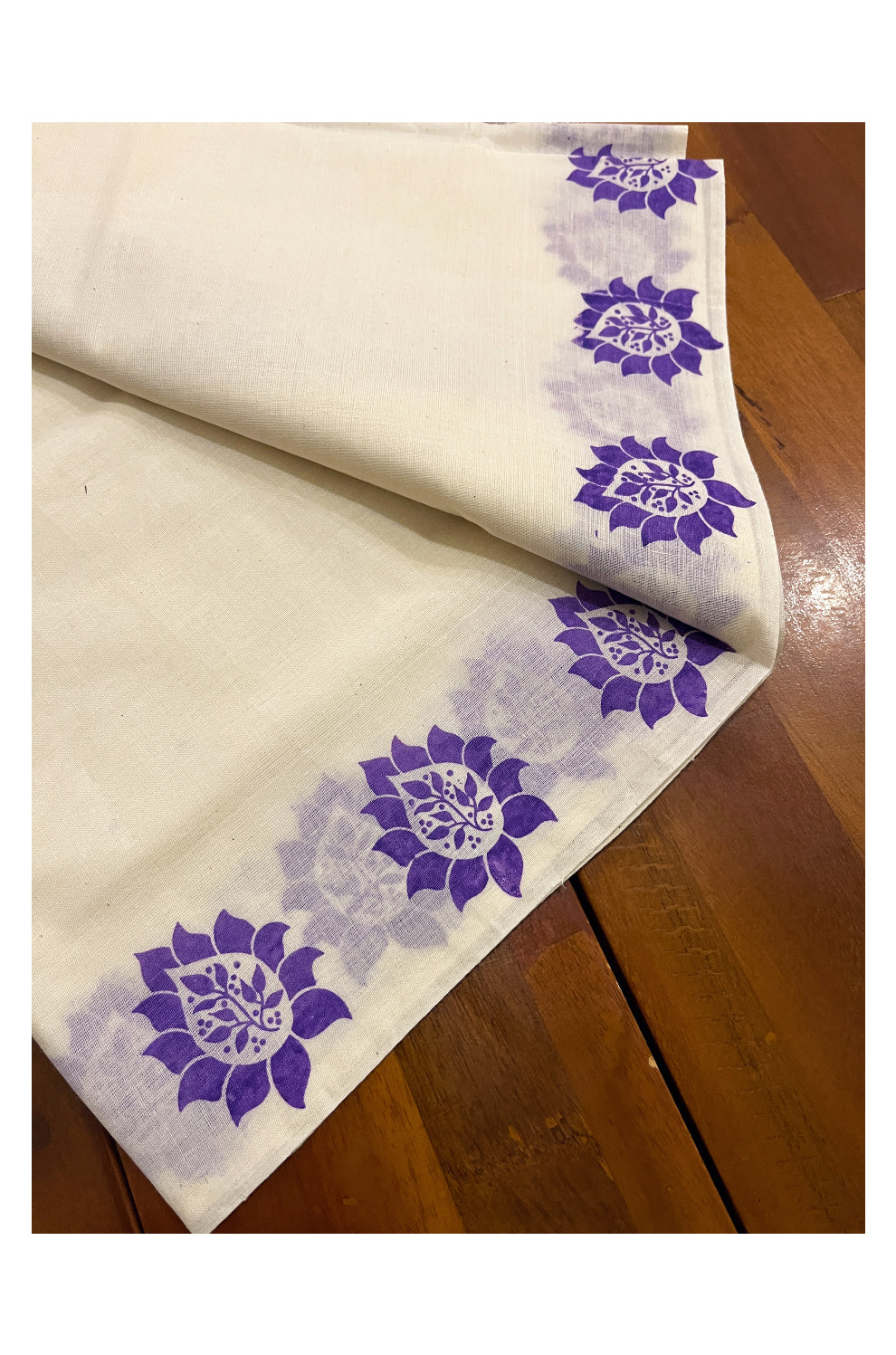 Kerala Cotton Set Mundu (Mundum Neriyathum) with Golden Floral Block Prints on Violet Border 2.80 Mtrs