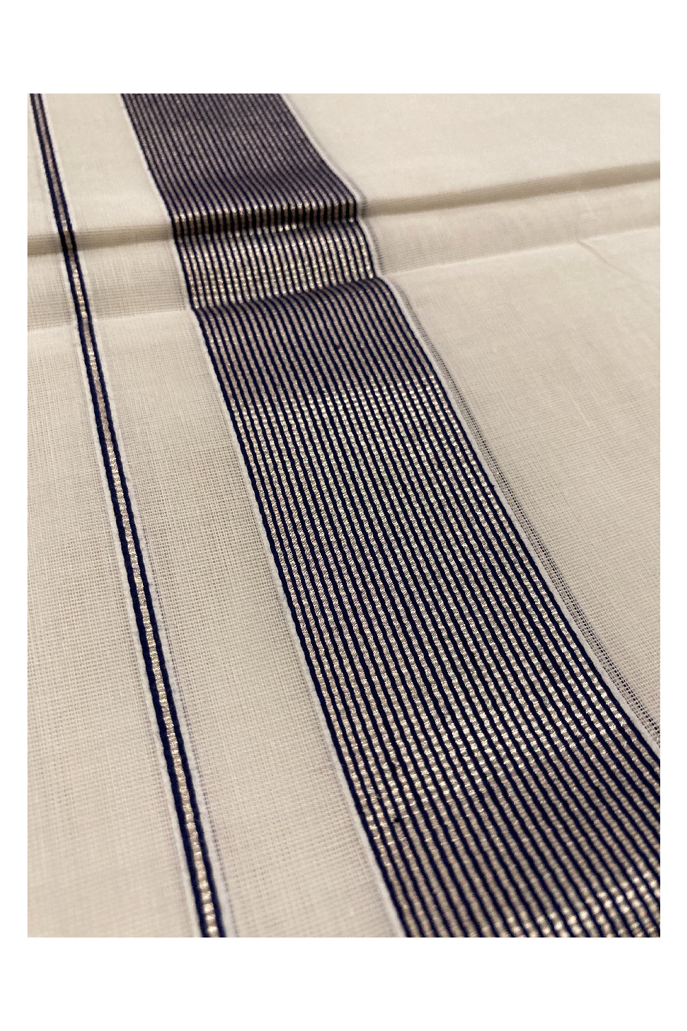 Southloom Premium Handloom Cotton Pure White Mundu with Silver Kasavu and Navy Blue Line Border (South Indian Dhoti)