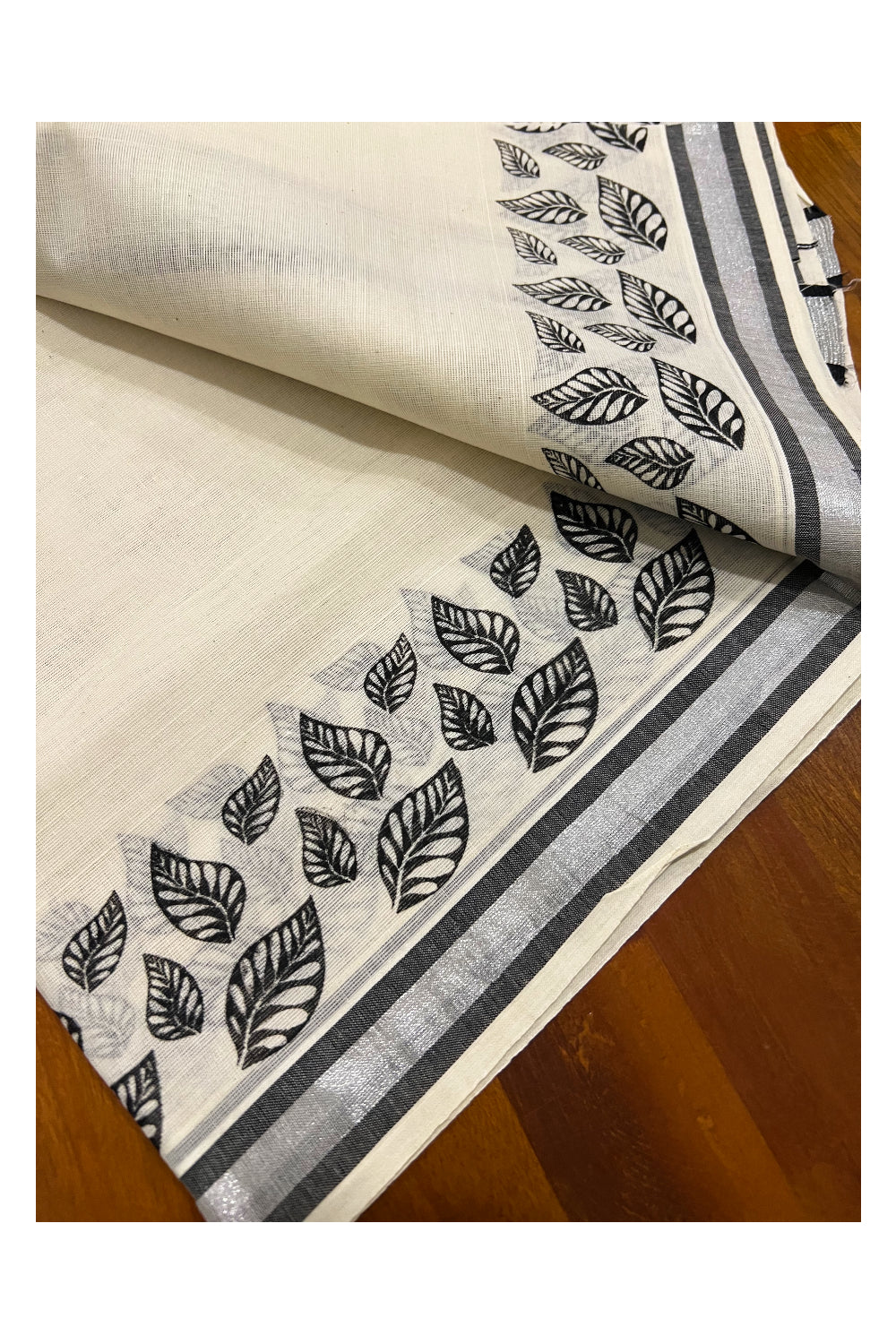 Cotton Silver Kasavu Set Mundu (Mundum Neriyathum) with Black Leaf Block Prints on Border