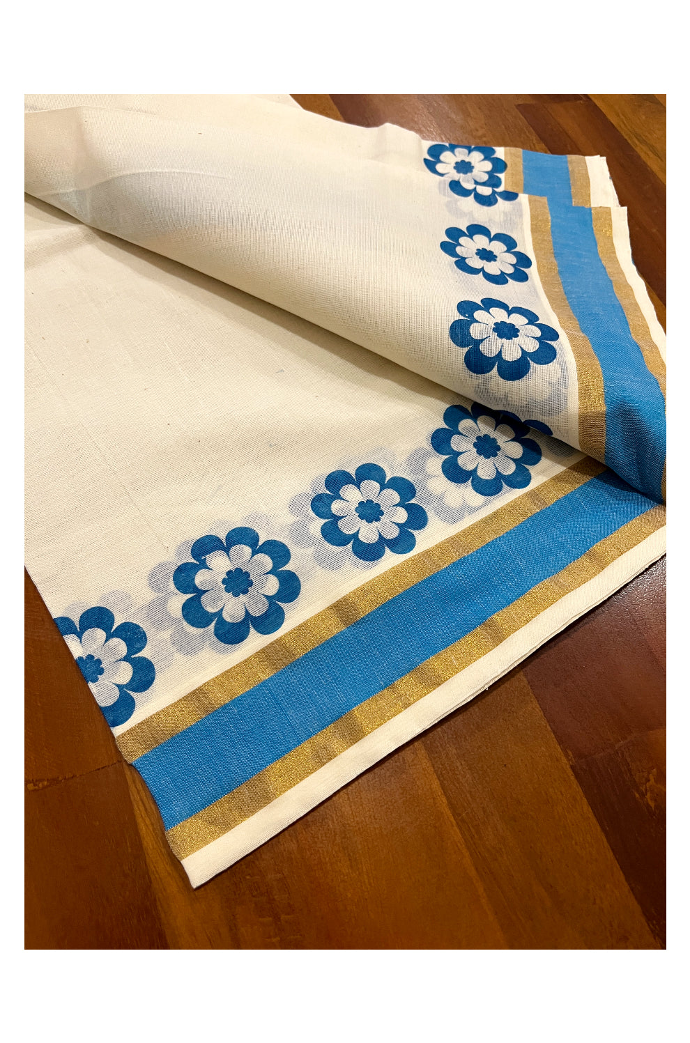 Pure Cotton Kasavu Single Set Mundu (Mundum Neriyathum Onam 2023) with Blue Floral Block Prints