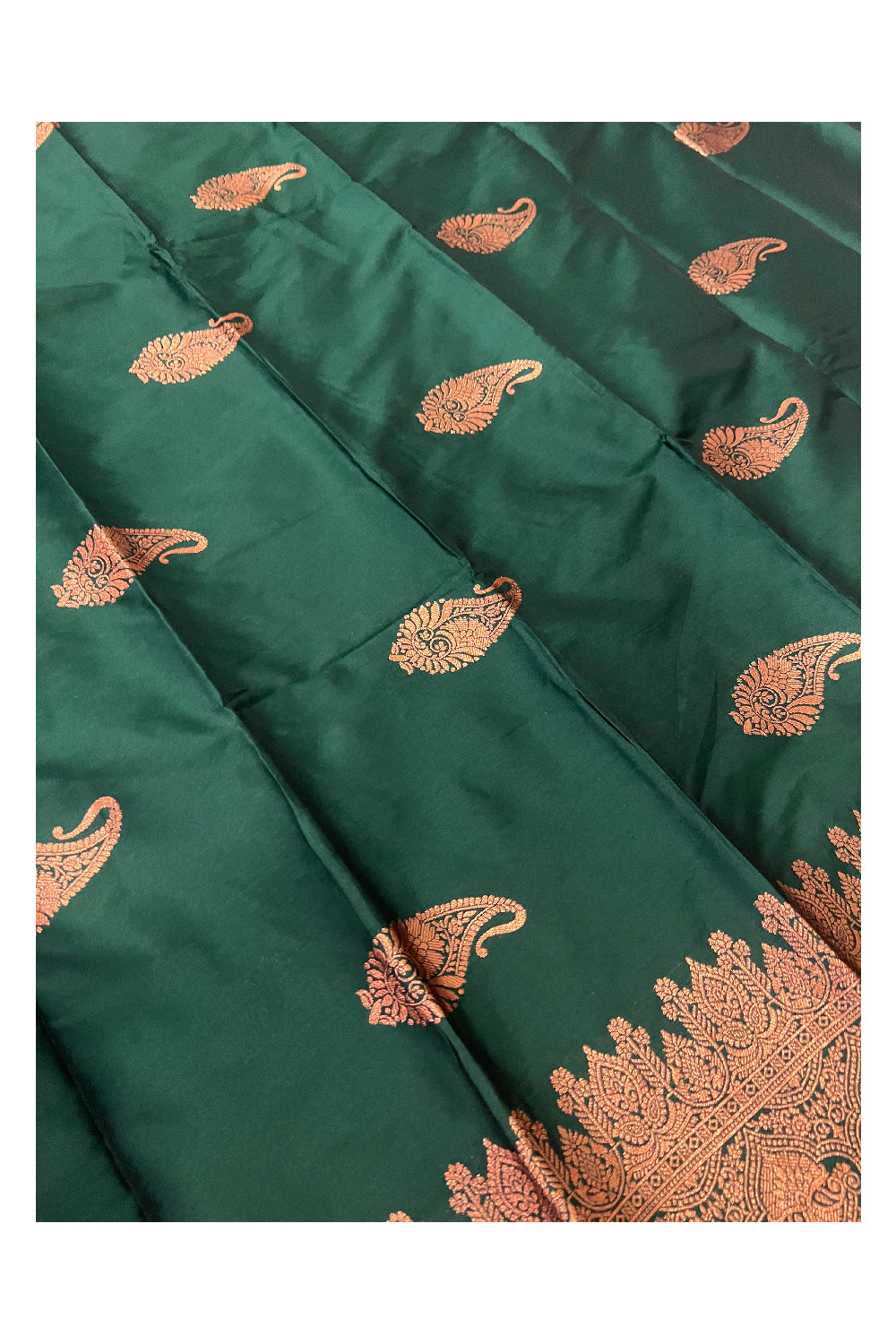 Southloom Dark Green Semi Silk Designer Saree with Copper Kasavu Woven Works on Body