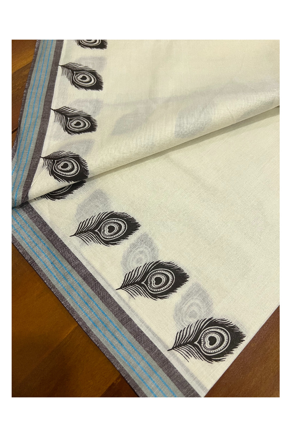 Pure Cotton Set Mundu (Mundum Neriyathum) with Dark Brown Feather Block Prints on Blue and Brown Border