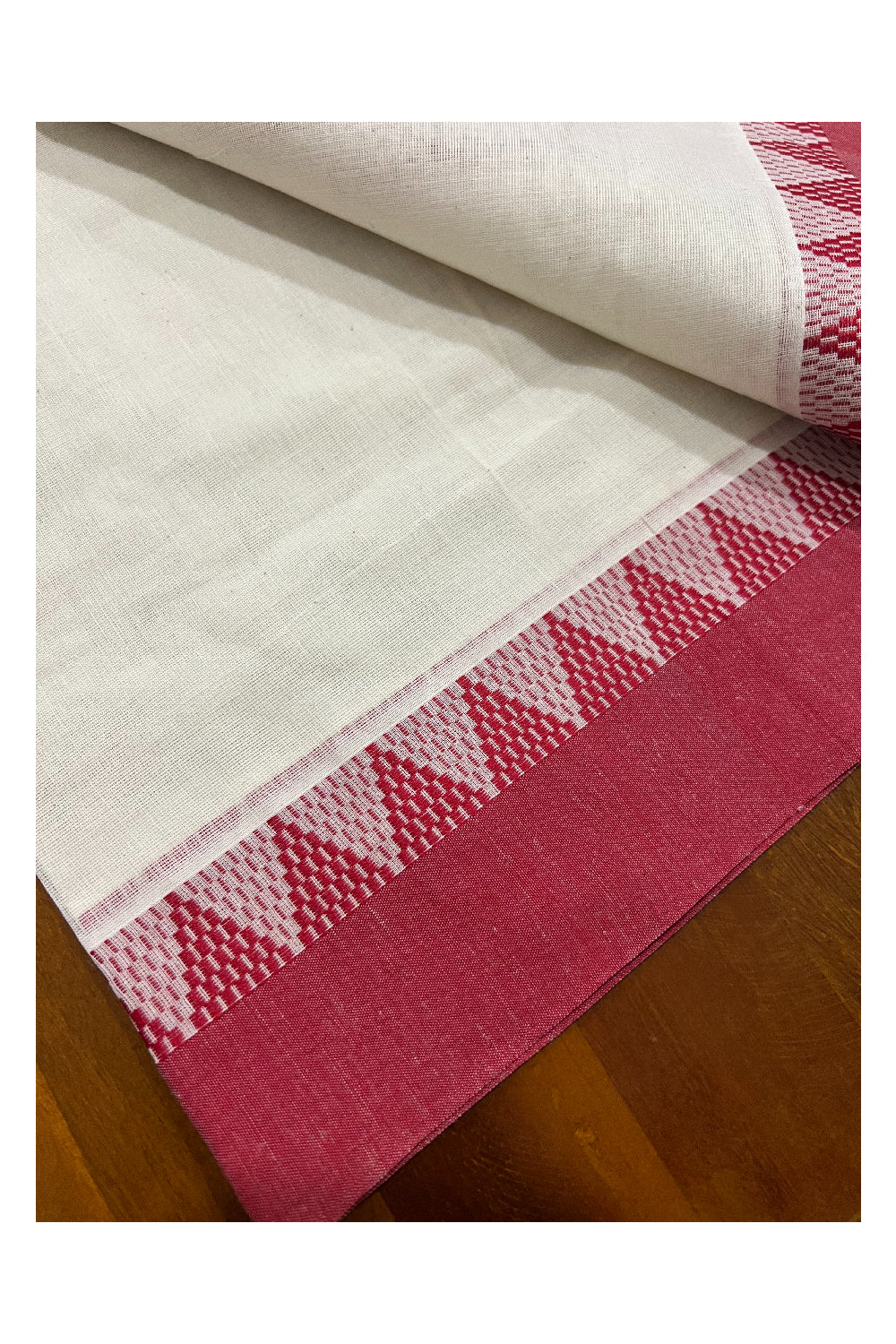 Kerala Cotton Mundum Neriyathum Single (Set Mundu) with Red Temple Woven Border