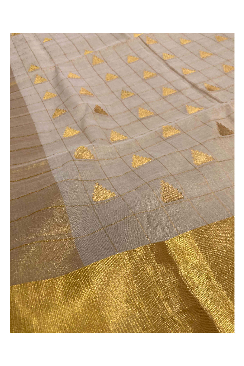 Southloom Kuthampully Handloom Tissue Check Saree Butta Work Across Body