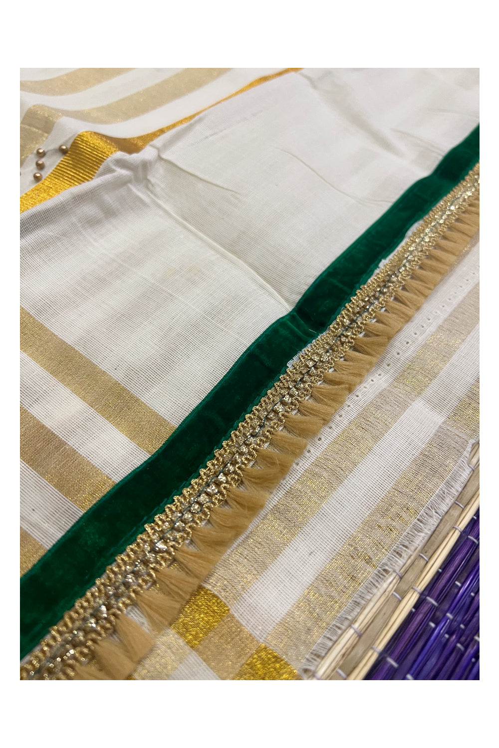 Kerala Tissue Kasavu Lines Saree with Bead and Mirrorwork Design and Green Piping Works on Border