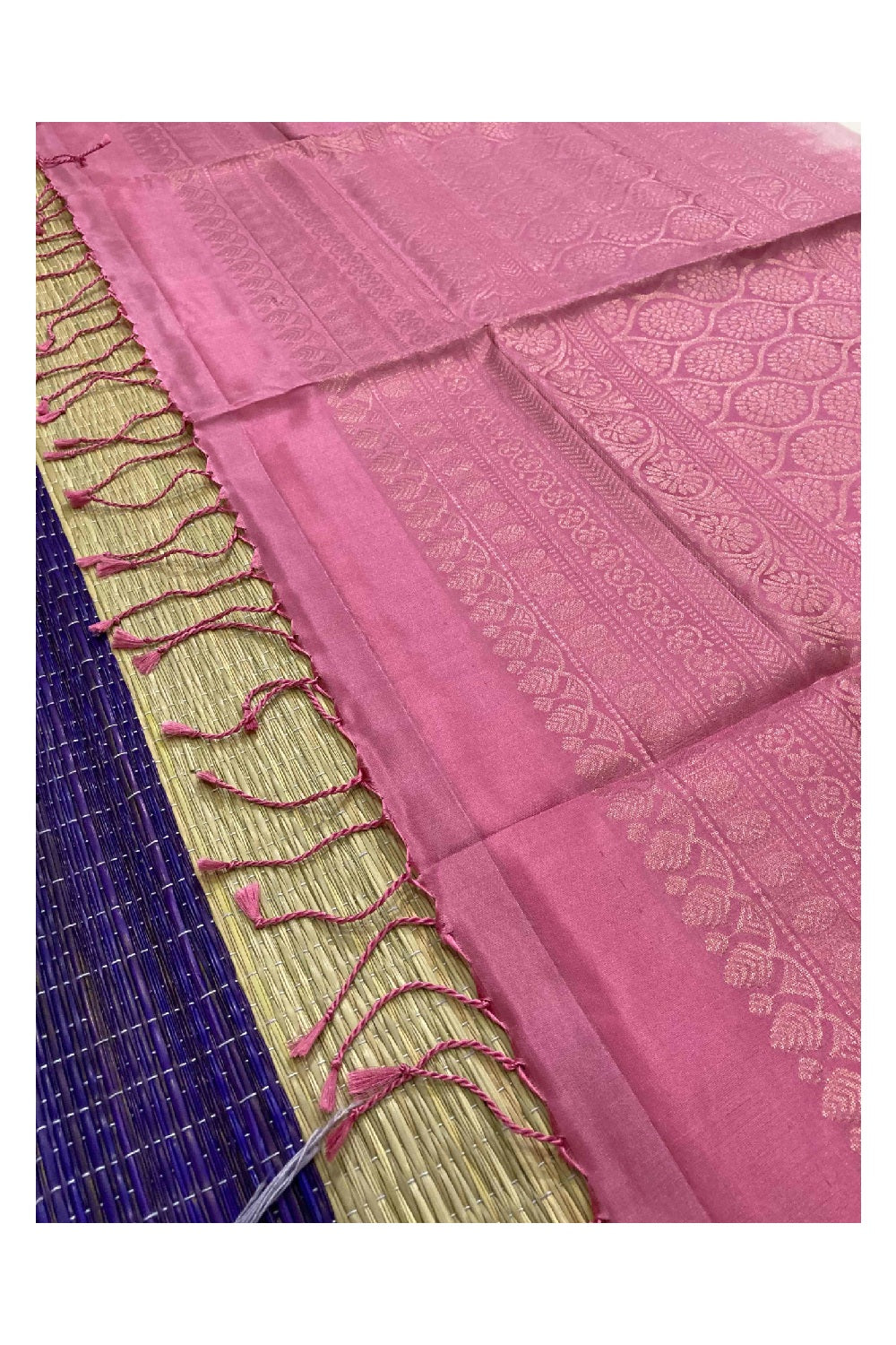 Southloom Handloom Pure Silk Kanchipuram Saree in Pink Stripes on Beige Body