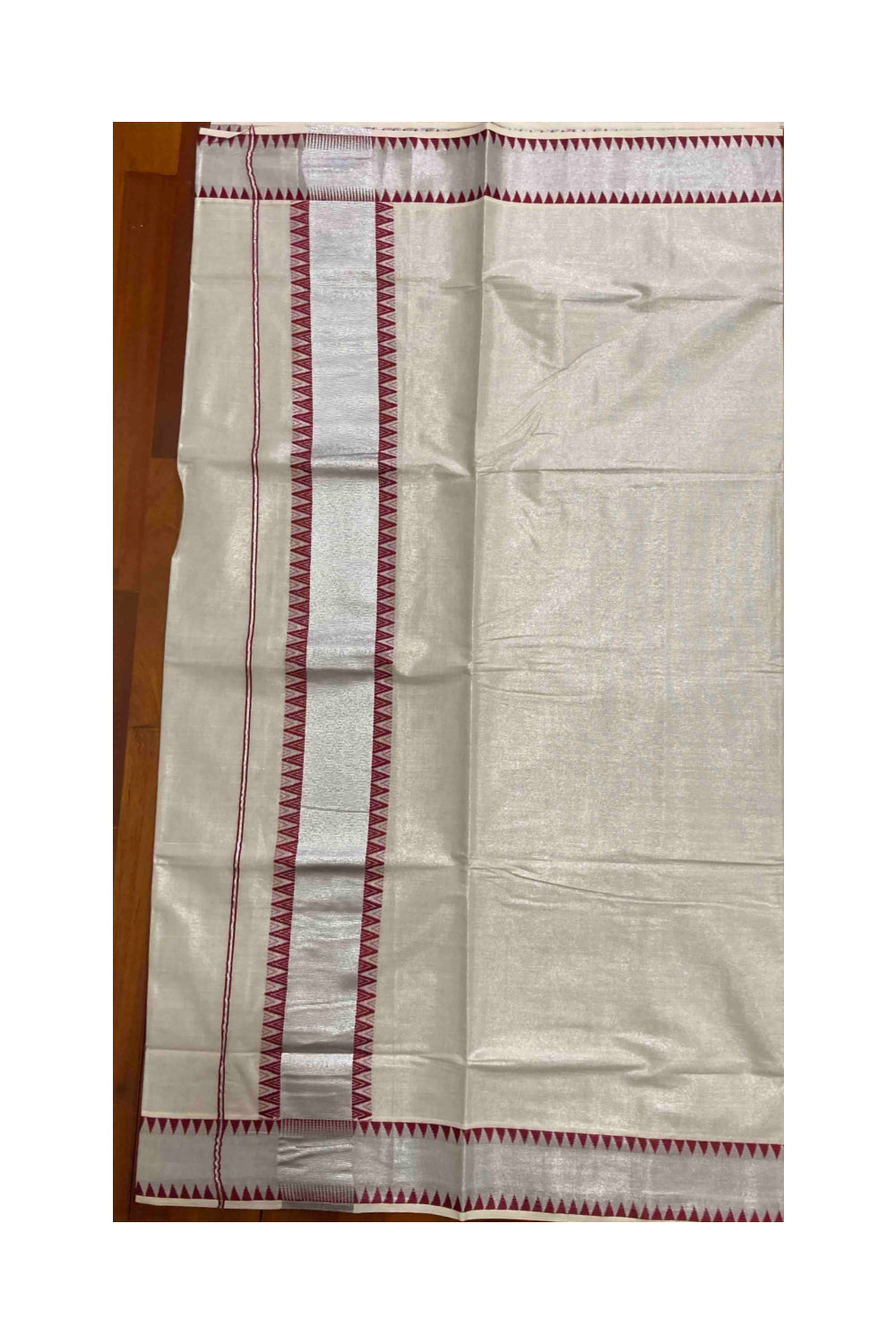 Kerala Silver Tissue Kasavu Saree with Red Temple Border