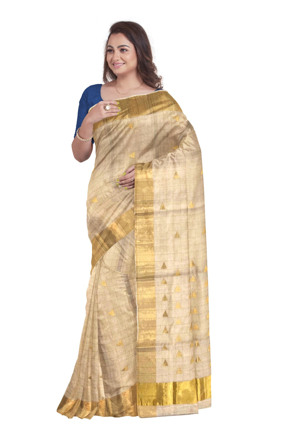 Southloom Kuthampully Handloom Tissue Check Saree Butta Work Across Body