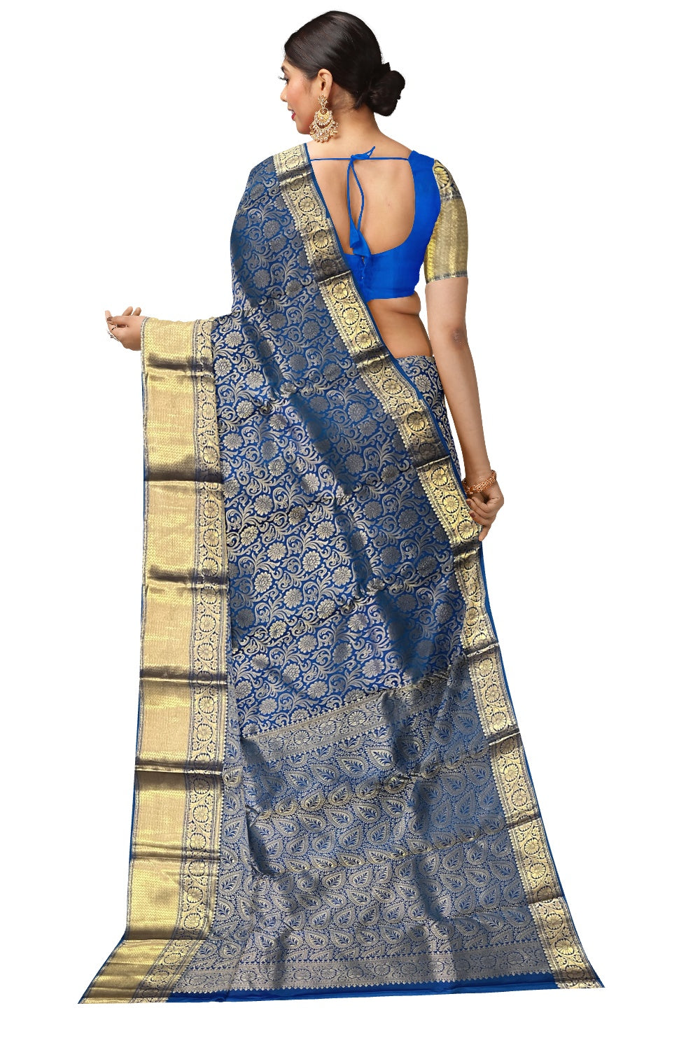 Southloom Double Warp Handloom Pure Silk Kanchipuram Blue Manthrakodi Saree with Kasavu Woven Works