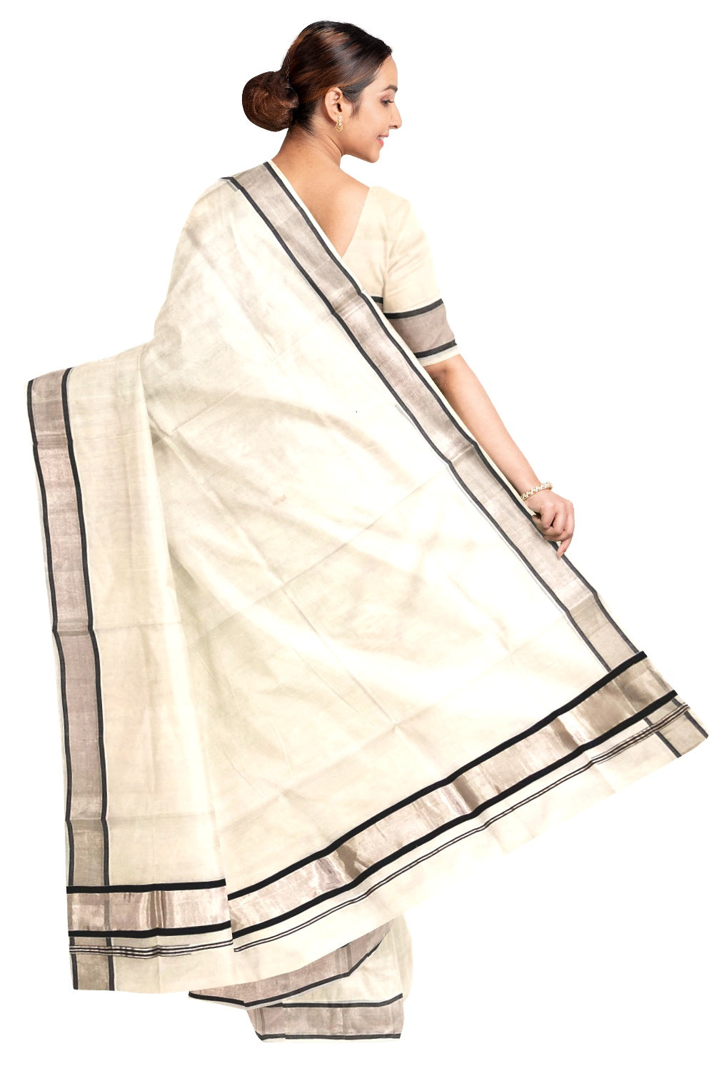 Southloom™ Premium Handloom Kerala Sraee with Silver Kasavu and Black Border