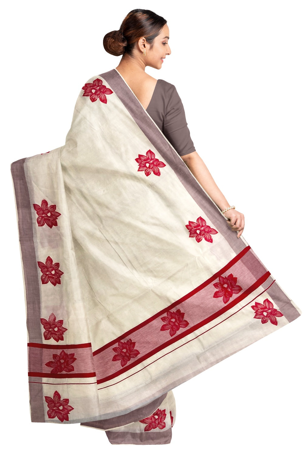 Pure Cotton Kerala Saree with Red Floral Block Printed Design