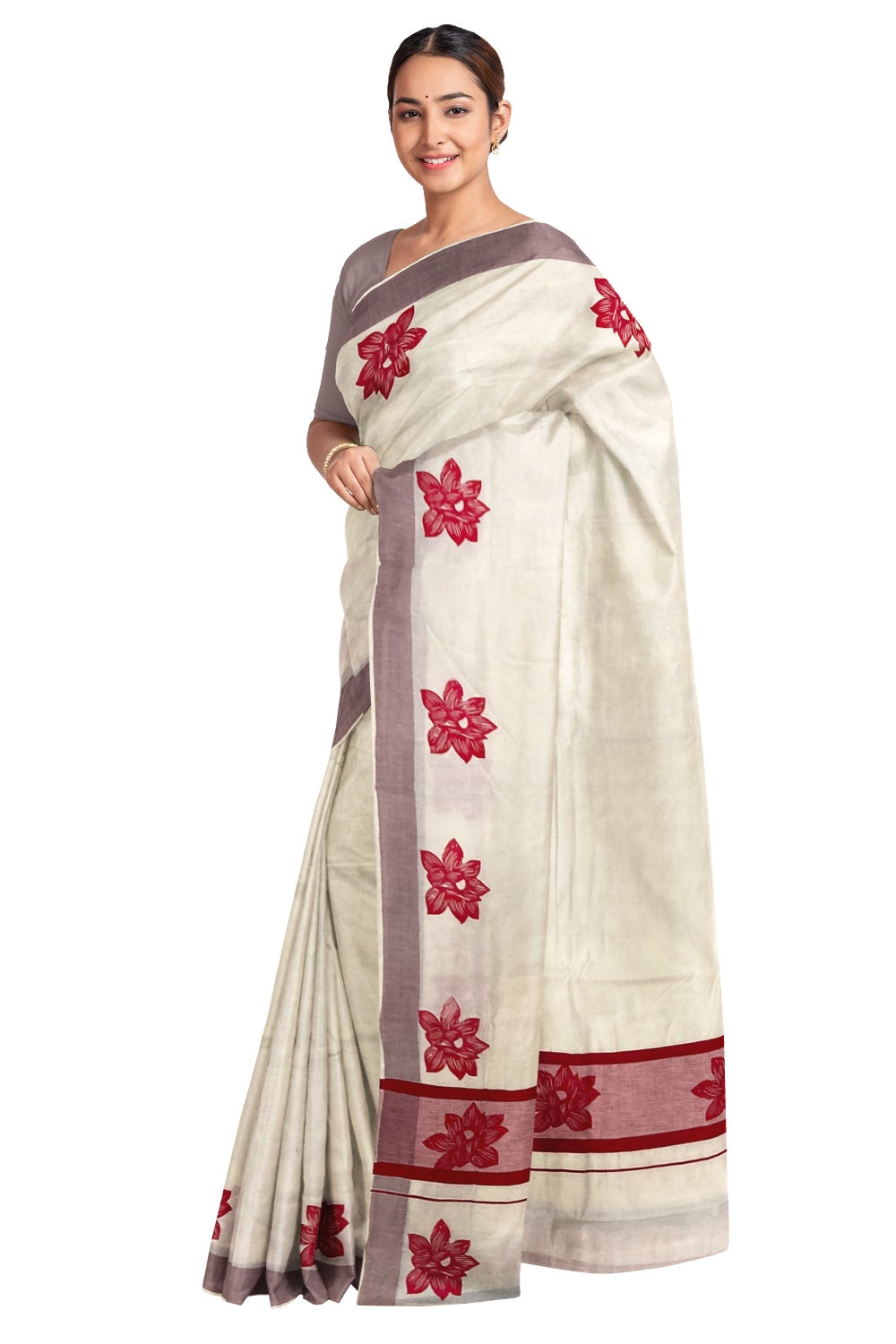 Pure Cotton Kerala Saree with Red Floral Block Printed Design