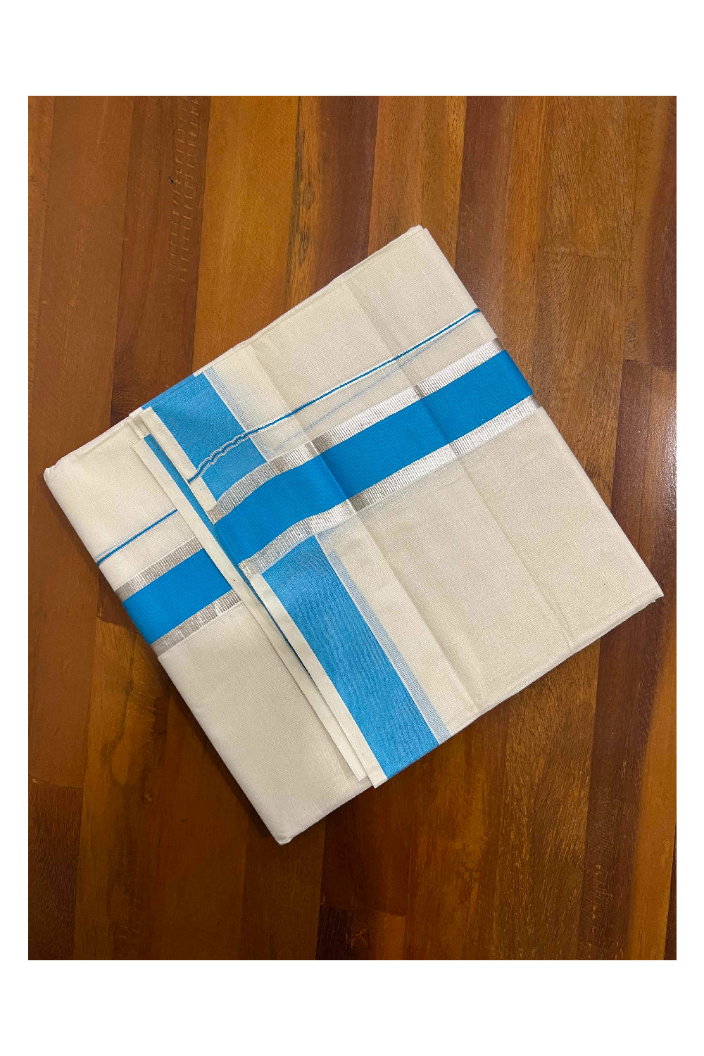 Off White Kerala Double Mundu with Silver Kasavu and Light Blue Border (South Indian Dhoti)