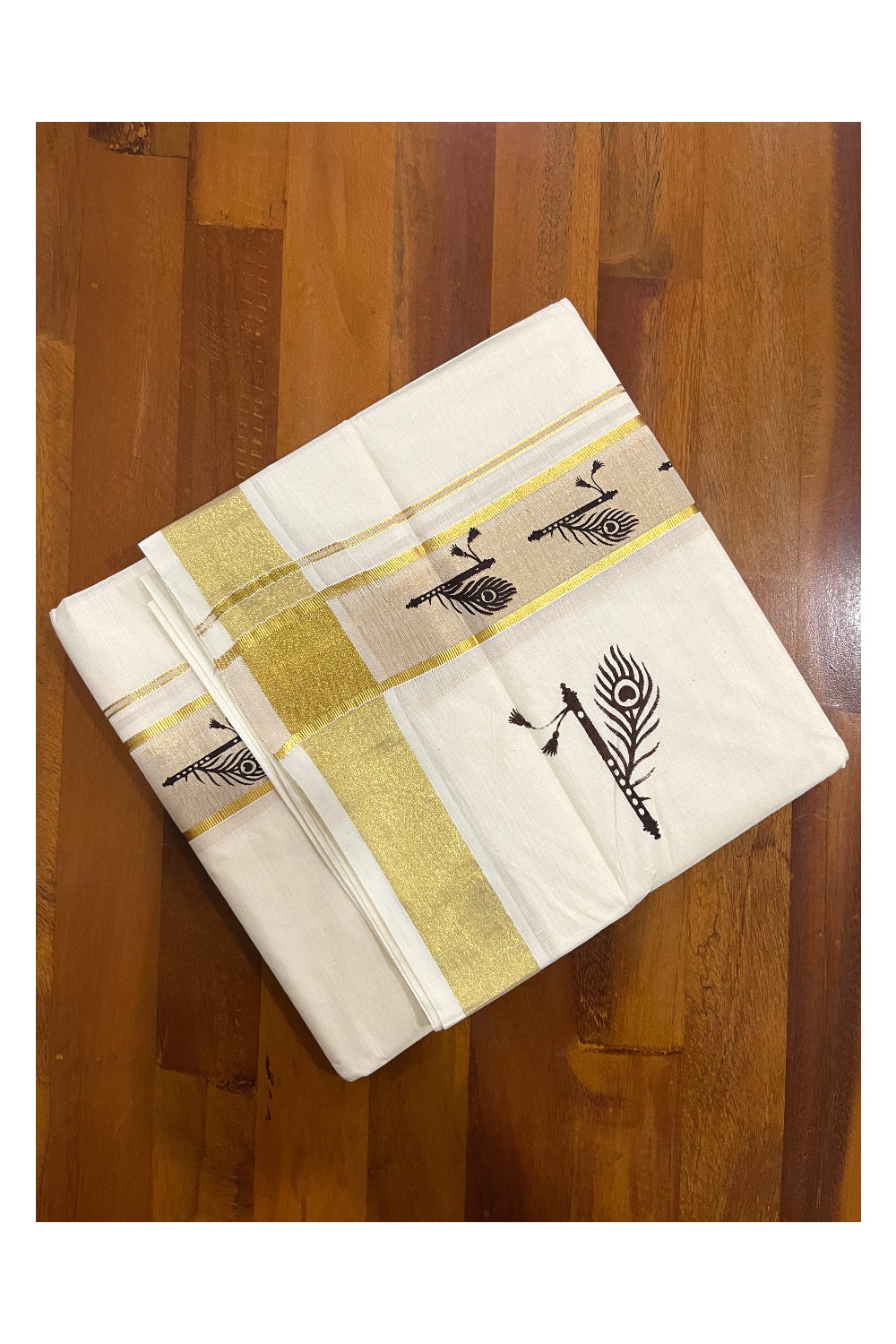 Pure Cotton Off White Double Mundu with Brown Block Prints on Kasavu Kara (South Indian Dhoti)